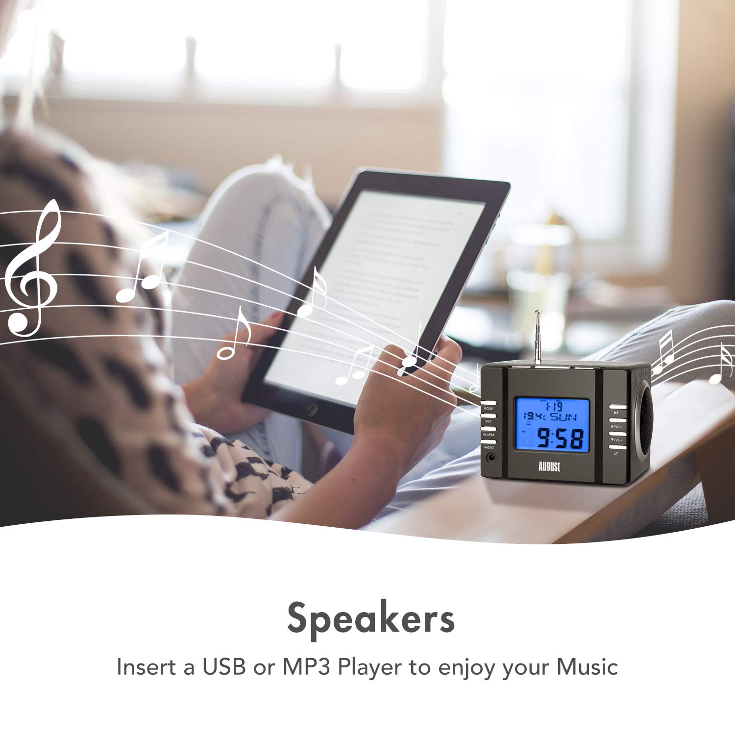 August Mb300 Mini Wooden Mp3 Stereo System And Fm Clock Radio, With Card Reader, Usb Port & Aux Jack (3.5Mm Audio In), 2 X 3W Po