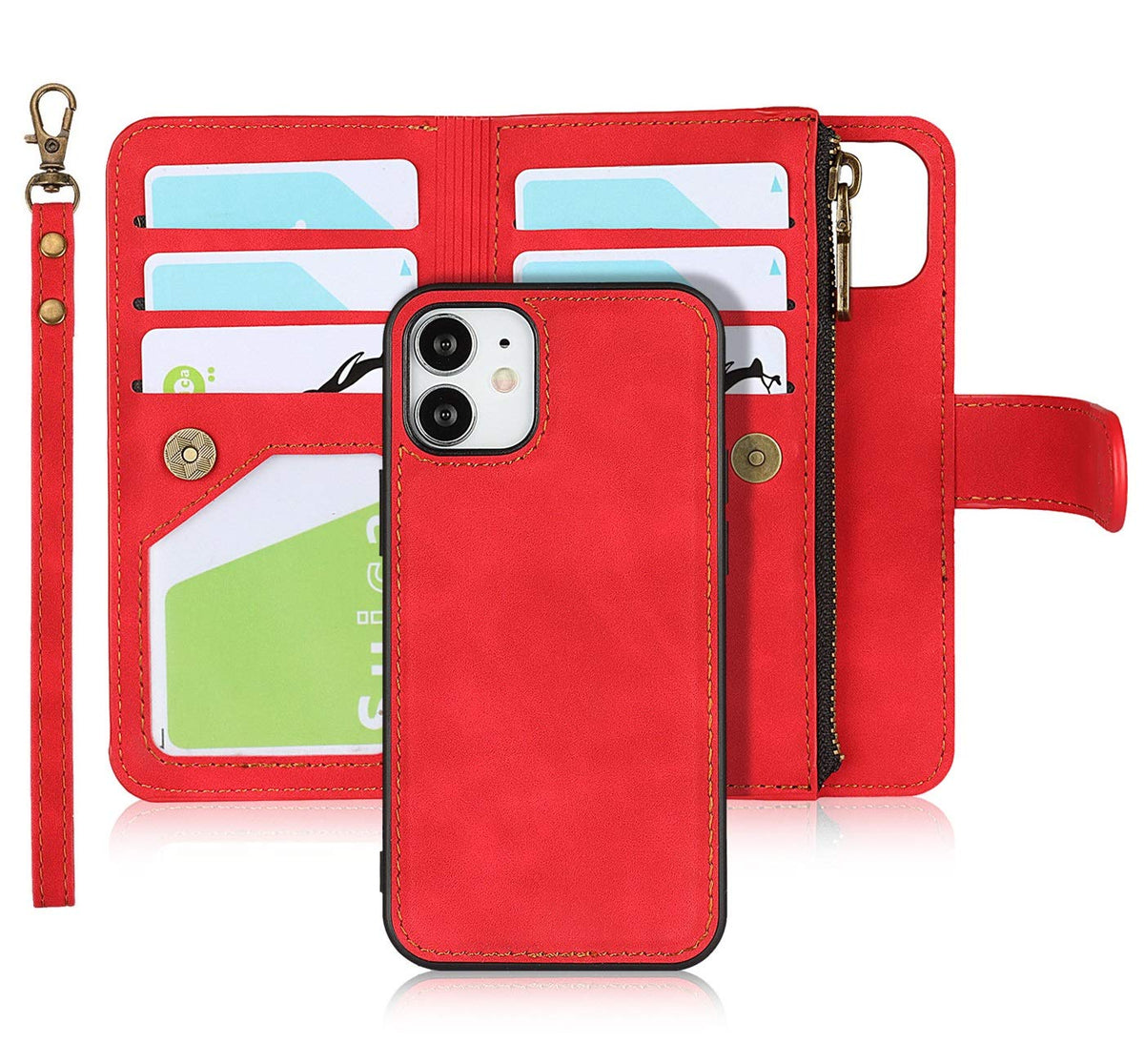 Icovercase For Iphone 12 Mini Wallet Case With Card Holder And Wrist Strap, Pu Leather Kickstand Card Slots Zipper Pocket Magnet