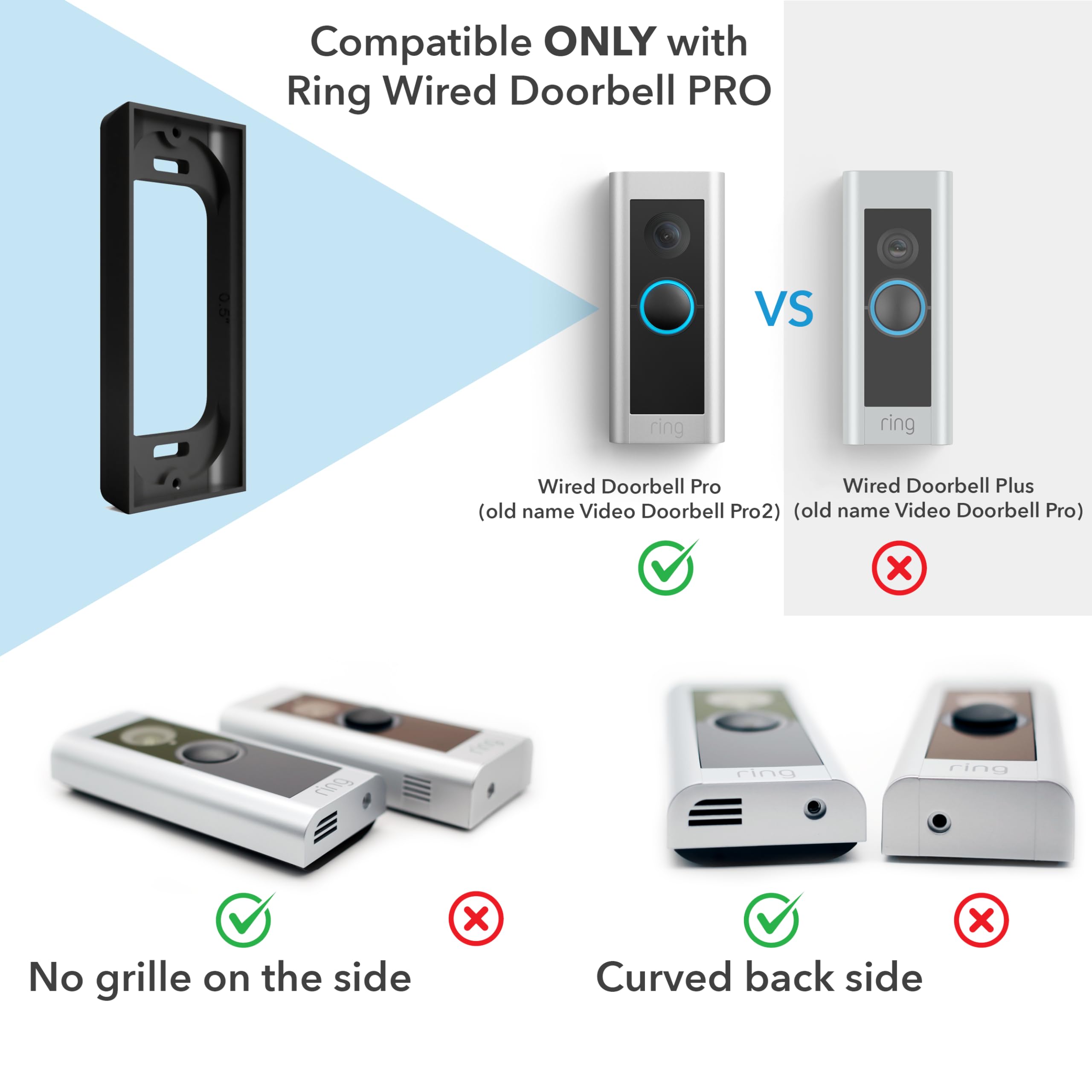 Ring Pro2 Doorbell Mount   Hidden River Lab Genuine Mounting Spacer   0.5 Inch Offset   Compatible With Ring Pro2 Video Doorbell