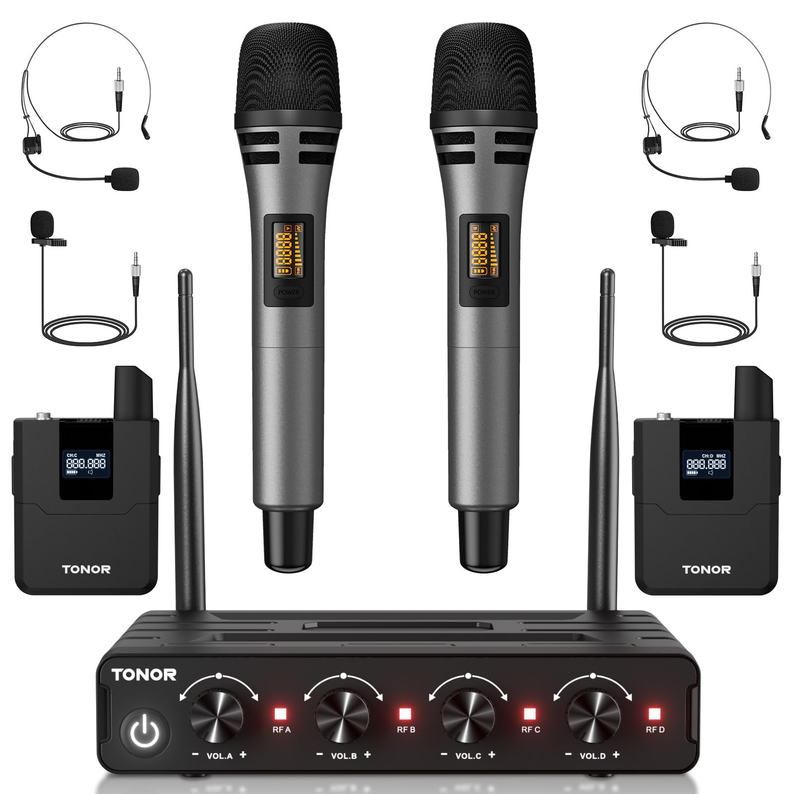 Tonor Wireless Microphone System, 4 * 10 Channel Uhf Cordless Handheld Mic Set With Headset/Lavalier Lapel Mics, Bodypack Transm