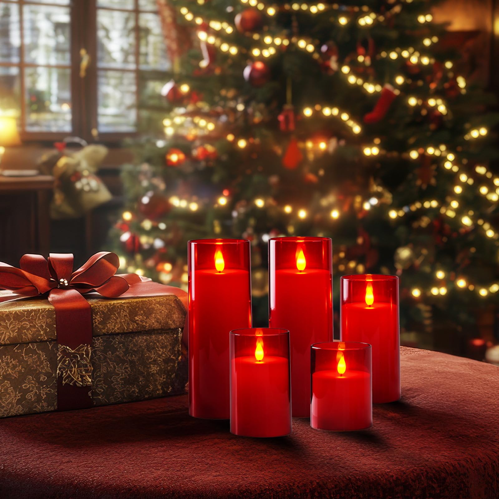Homemory Christmas Red Flickering Flameless Candles, Battery Operated Acrylic Led Pillar Candles With Remote Control And Timer,