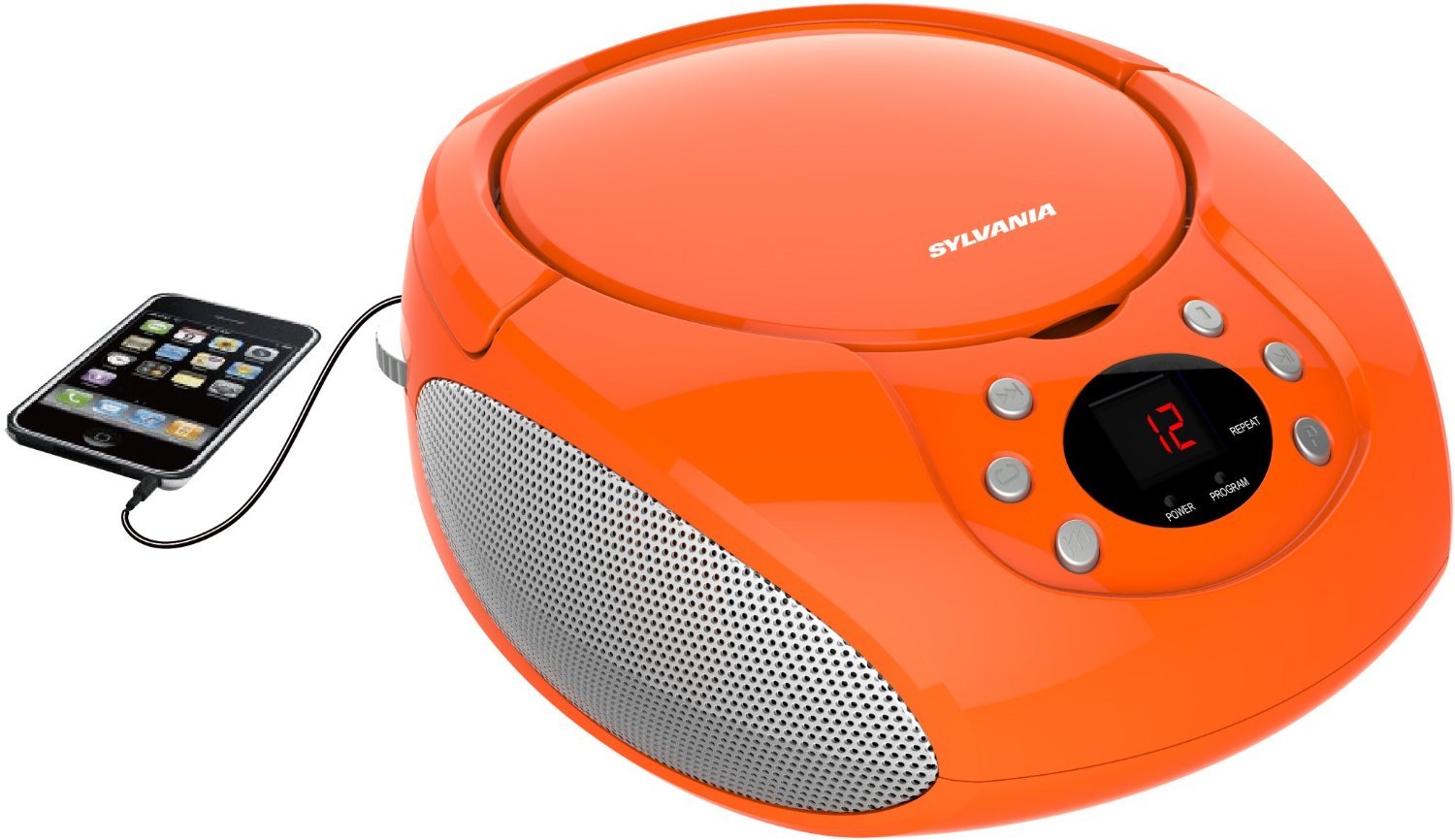 SYLVANIA Proscan Elite Portable CD Player Boombox, AM/FM Radio, Built-in Speakers, Aux Input, Orange, AC Adapter or Battery Powered