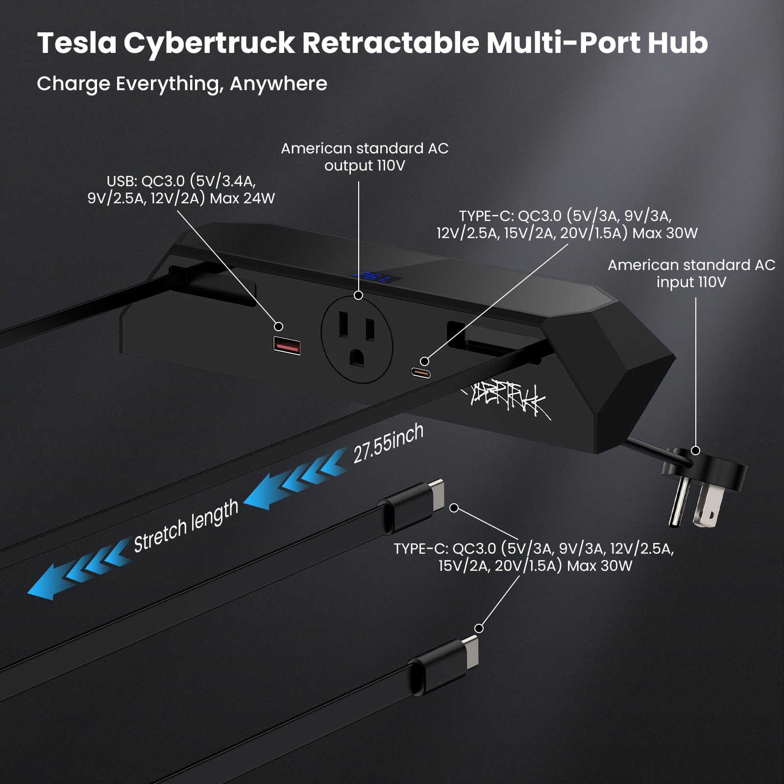 Cybertruck Usb Charger Hub With 110V Ac Outlet & Retractable Cables - Seamless Integration, 30W Pd/Qc3.0 Fast Phone Charge, Cent