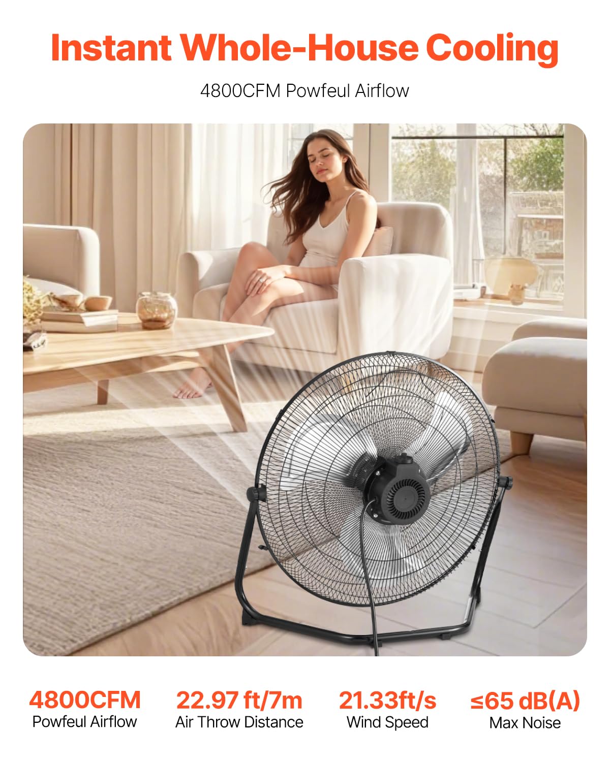 Vevor Floor Fan, 3 Speeds High Velocity Heavy Duty 20 Inch Industrial Fan, 4800 Cfm 360 Adjustable Tilt 21.33 Ft/Sec Airflow Lar