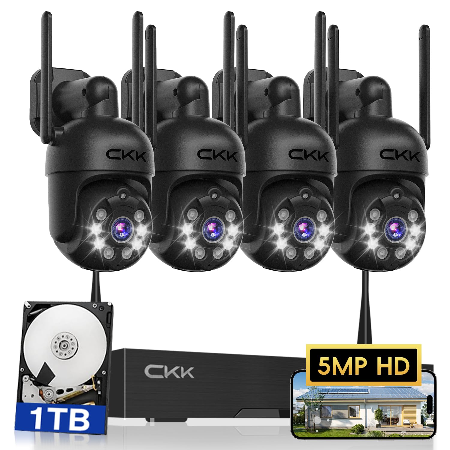 [3K, 360� View] 5Mp Wireless Security Camera System, 4Pcs 3K Ptz Cameras Outdoor Indoor, C102 Dual Wifi Surveillance System Nvr With 4Led Floodlights & Siren Alarm, 2 Way Audio,Motion Sensor,1Tb Hdd