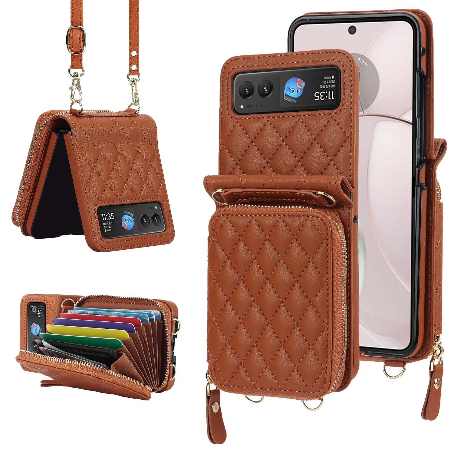 NINKI Compatible with Moto Razr 2023 Ultra Case with Card Holder, Anti-Fall Crossbody Strap Shockproof Leather Phone Cover Moto 
