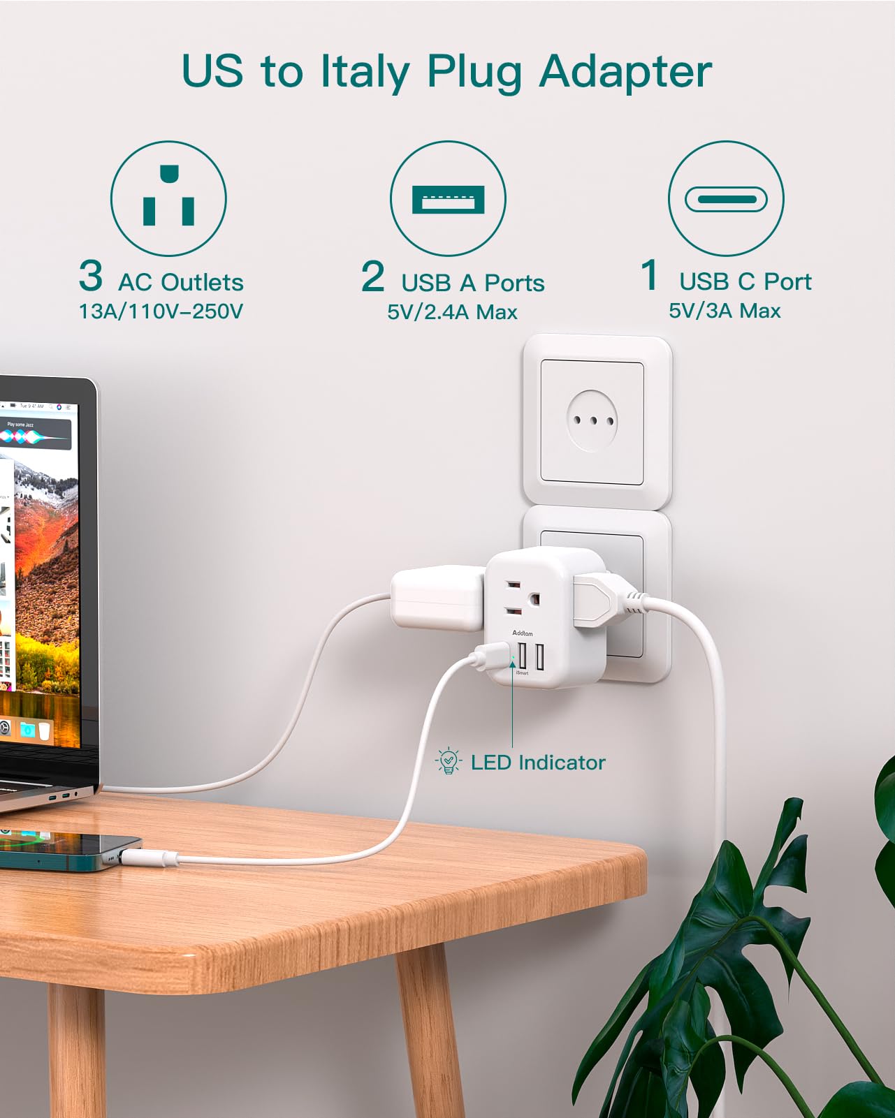 Addtam Italy Travel Power Adapter, 3 Prong Grounded Plug With 3 Usb Charging Ports(1 Usb C Ports), Type L Outlet Adaptor Charger