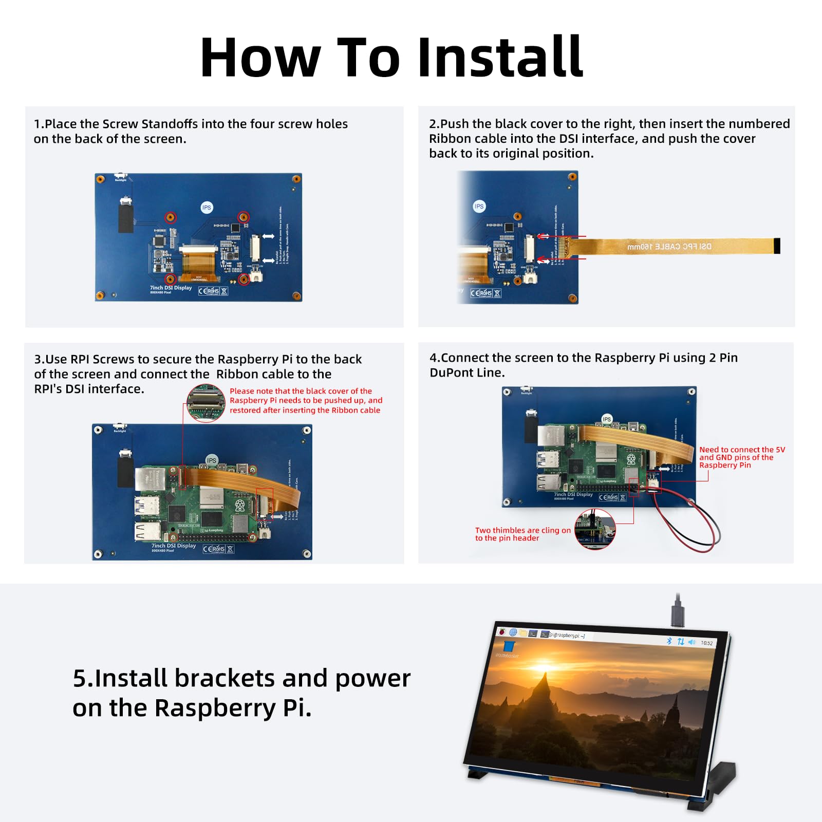 Ipistbit 7 Inch Raspberry Pi Monitor Touchscreen, 800X480 Dsi Ips Display, 5 Point Touch Capacitive Screen For Raspberry 5/4B/3B