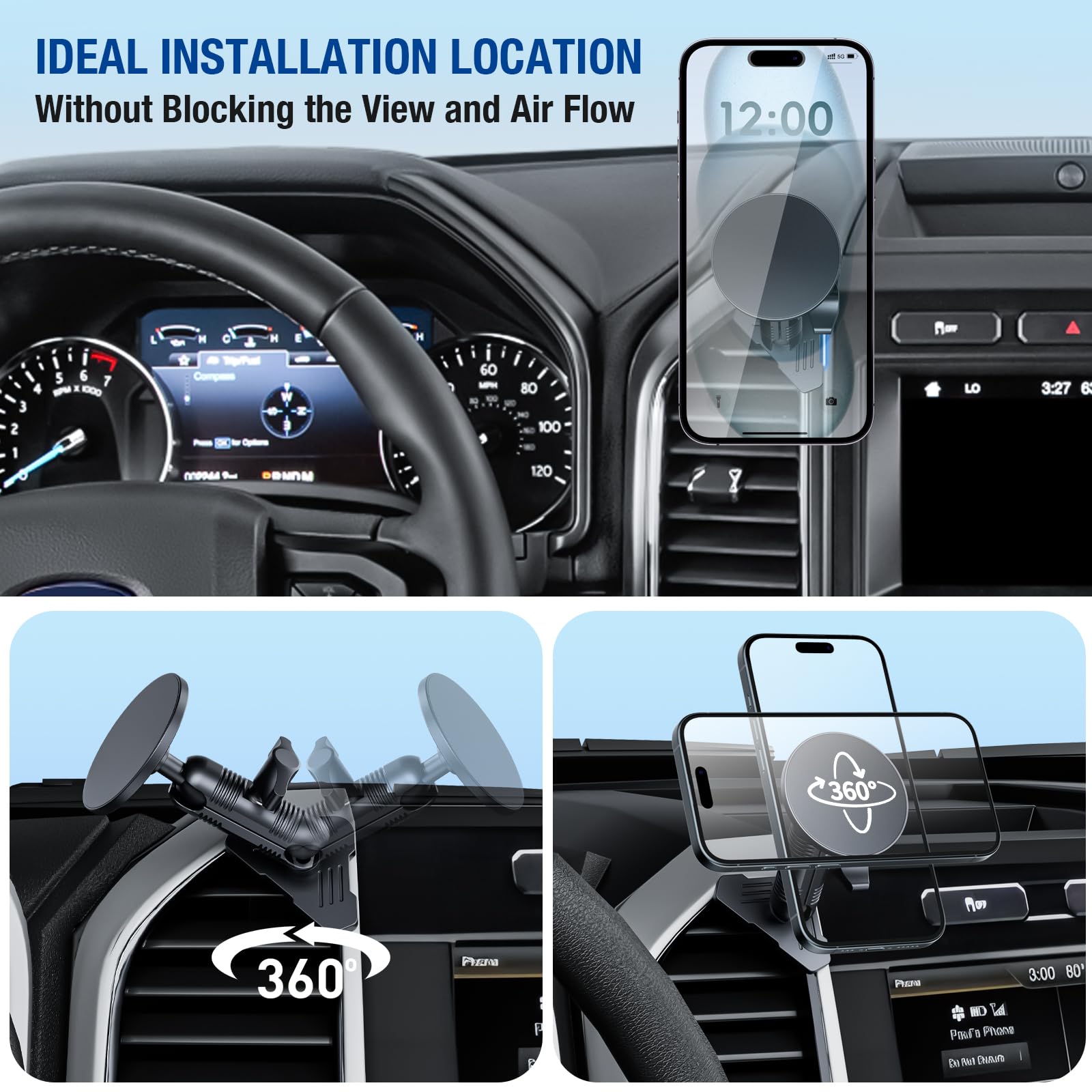 Surfcabin Cnc Vent Phone Holder, Magnetic Air Vent Phone Holder Cradles Mount Compatible With F150 2015-2020 & Super Duty F250 F