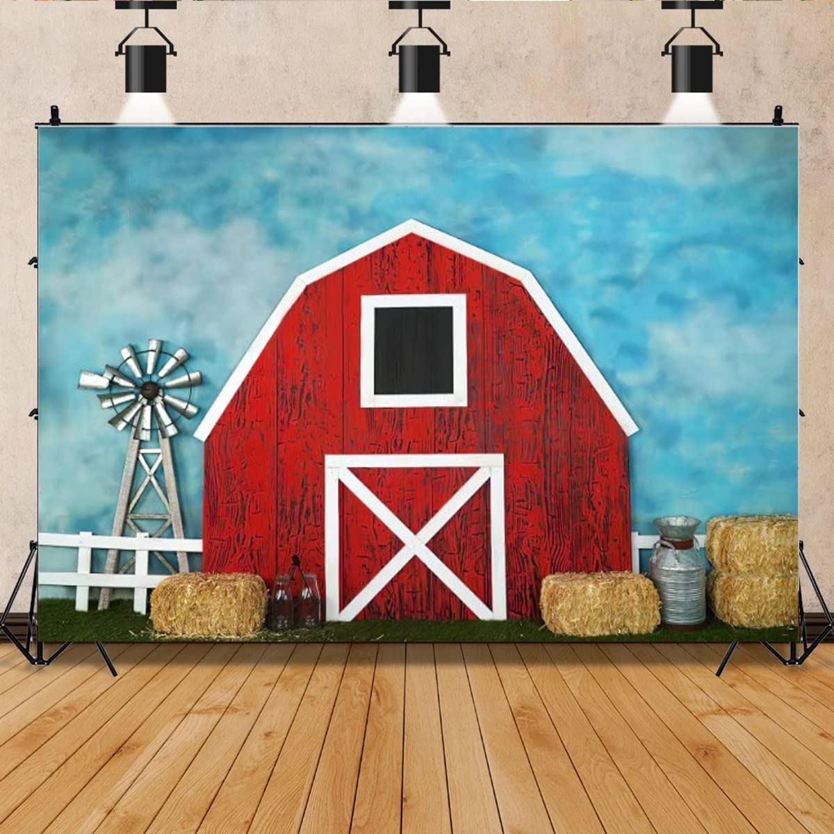 Red Barn Door Haystack Photography Backdrop Farm Theme Children Harvest Birthday Photography Background Cake Table Decoration Ba