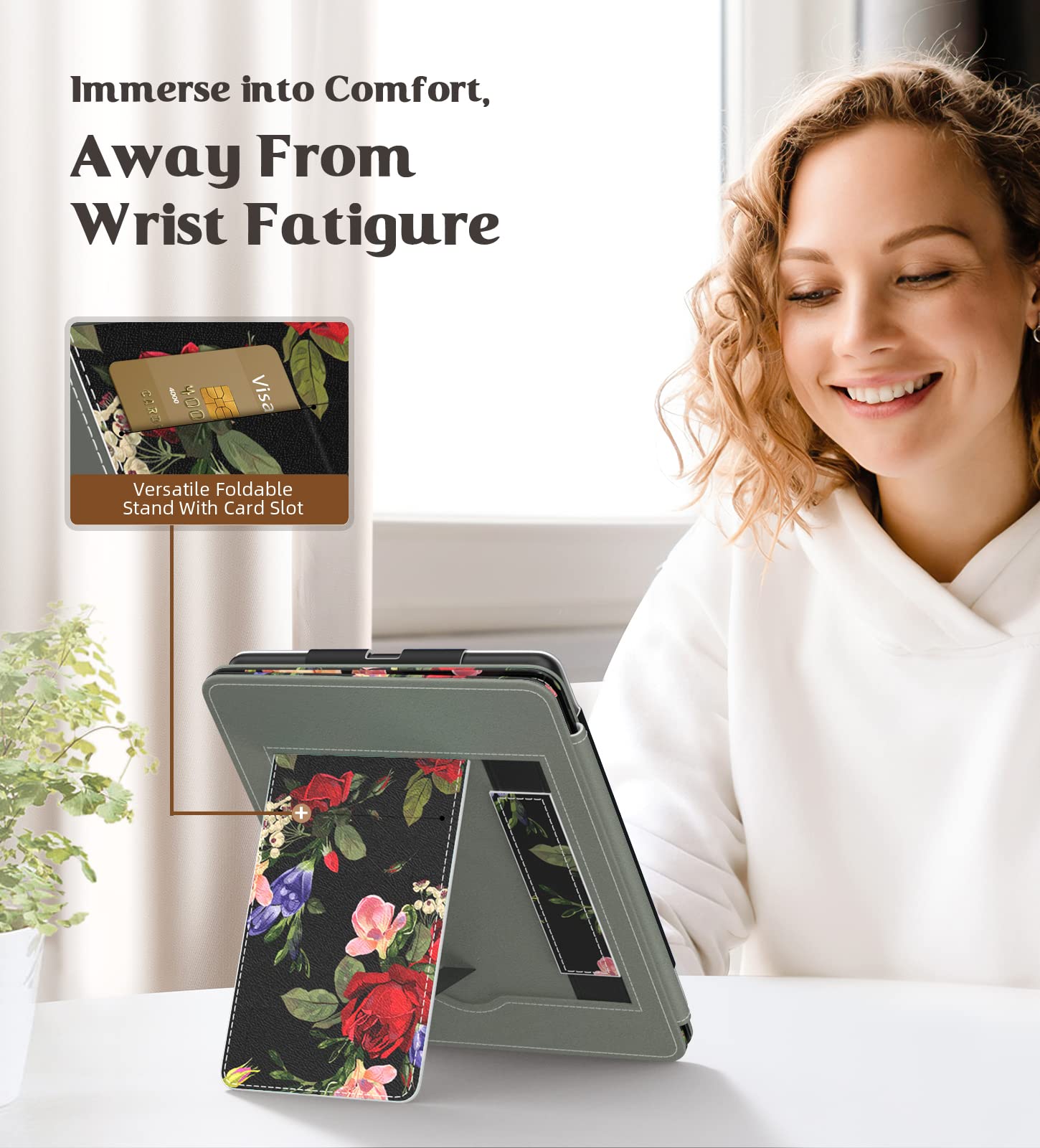 Moko Case For Kindle Paperwhite 11Th Generation 2021 Release, Slim Pu Shell Cover With Auto Wake/Sleep, Rose On Black