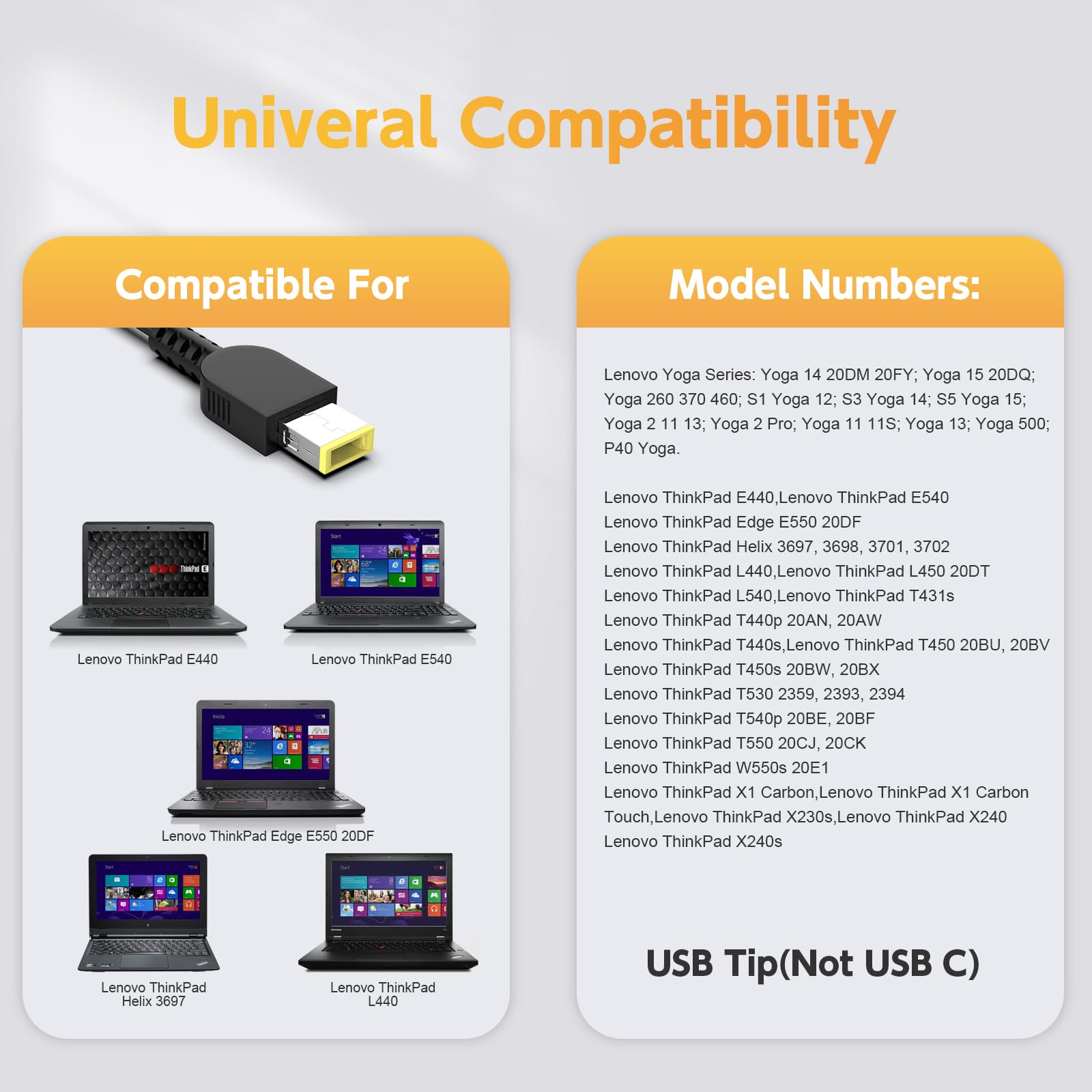 65W Laptop Charger For Lenovo Thinkpad T460 T470 T470S T431S T440 T440S T440P T450 T460S E531 E570 E560 L470 L460 L440 X270 X250 X240 G40 G50; Yoga 2 11 11S 13 2 Pro 13 Power Supply Cord