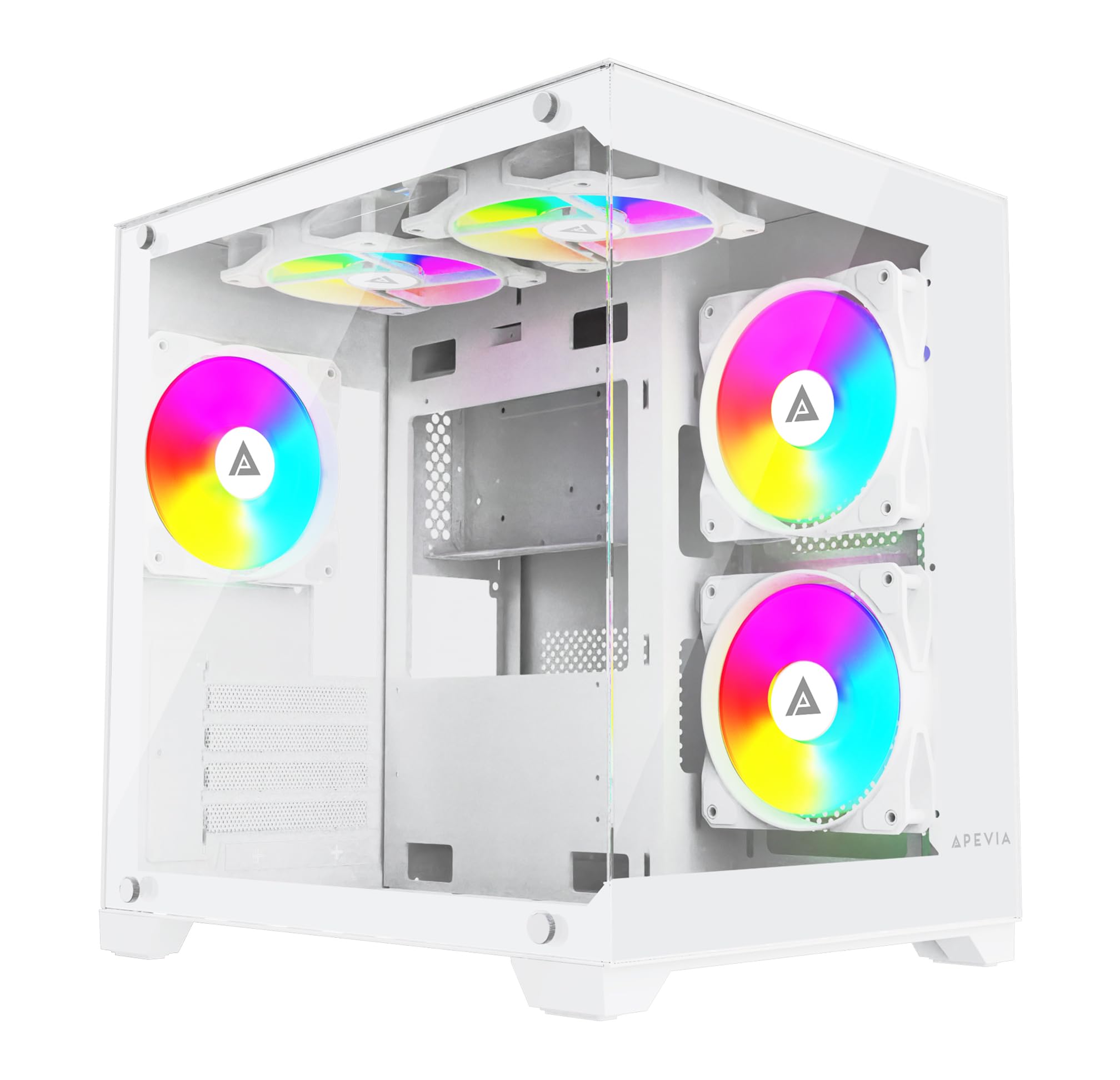 Apevia Prism Wh Prism Micro Atx Gaming Pc Cube Case W/ 5X 120Mm Argb Fans, 366 Rgb Modes, Dual Tempered Glass Panels, 240Mm Radi