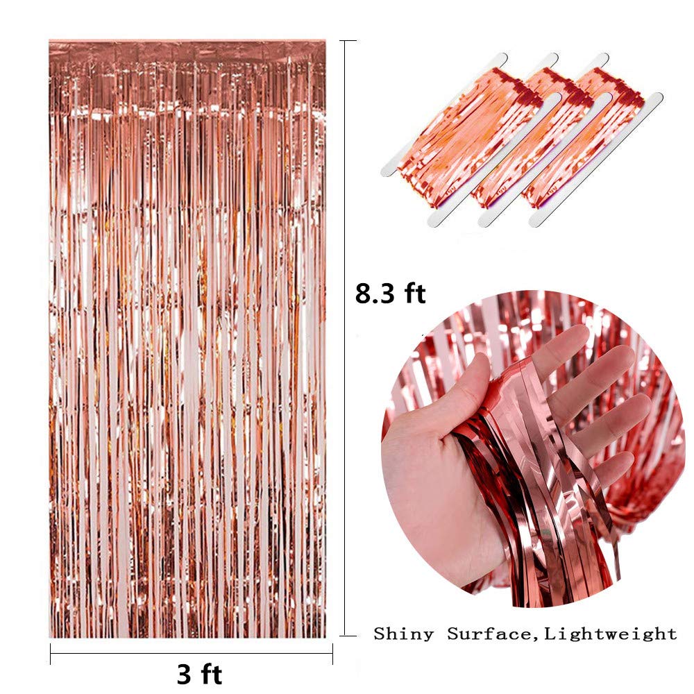 3Pcs Rose Gold Metallic Tinsel Foil Fringe Curtains, Zapikic 3Ft X 8Ft Abcty Party Decor Backdrop For Birthday Wedding Engagemen