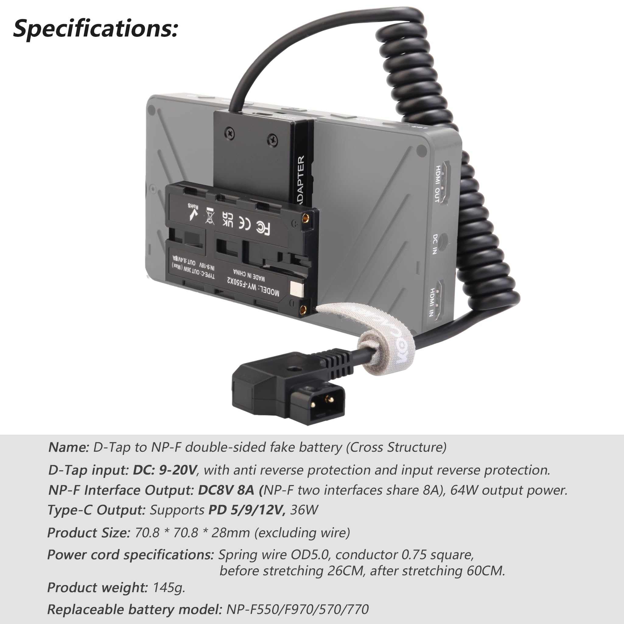 Kocackoo D Tap Ptap To Double Sided Np F550/970/570/770 Dummy Battery Power Adapter (Cross Structure) For Field Monitor, Wireles