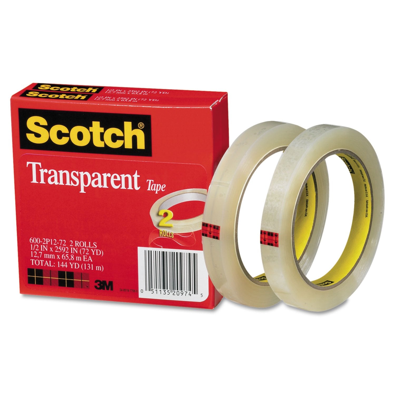 Scotch 6002P1272 Transparent Tape, 3 Inch Core, 1/2 Inch X2592 Inch, 2/Pk