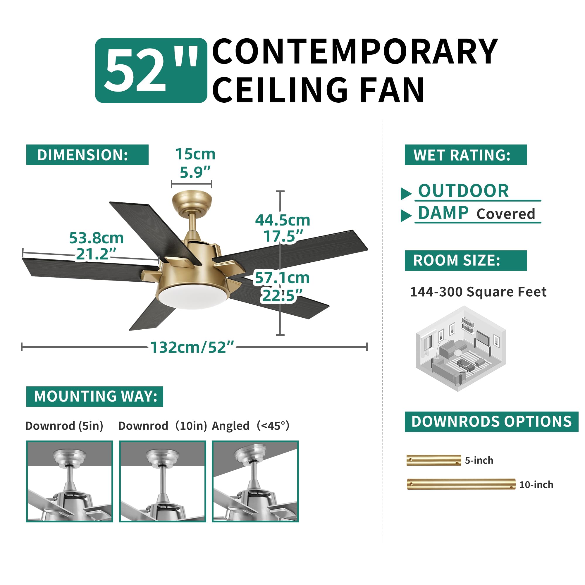 Yitahome Black Gold Ceiling Fan With Light And Wall Switch Remote, 52 Inch Modern Ceiling Fan, Quiet Reversible Motor, Dimmable