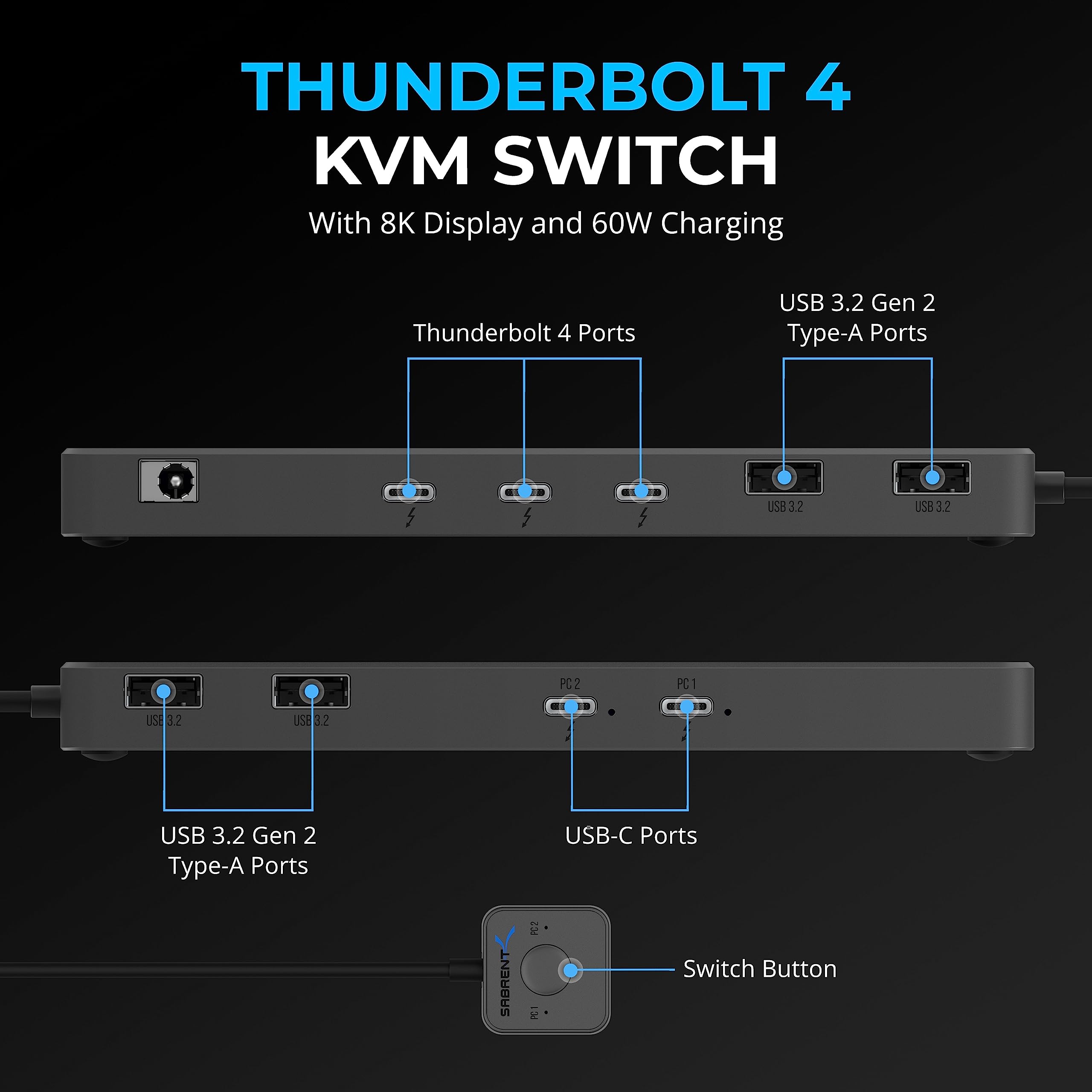 Sabrent Thunderbolt 4 Kvm Switch, Peripheral Sharing With 3X Thunderbolt 4 Usb C 40Gbps, 2X Usb-C Charging 60W (Pd 3.0) | 4X Usb