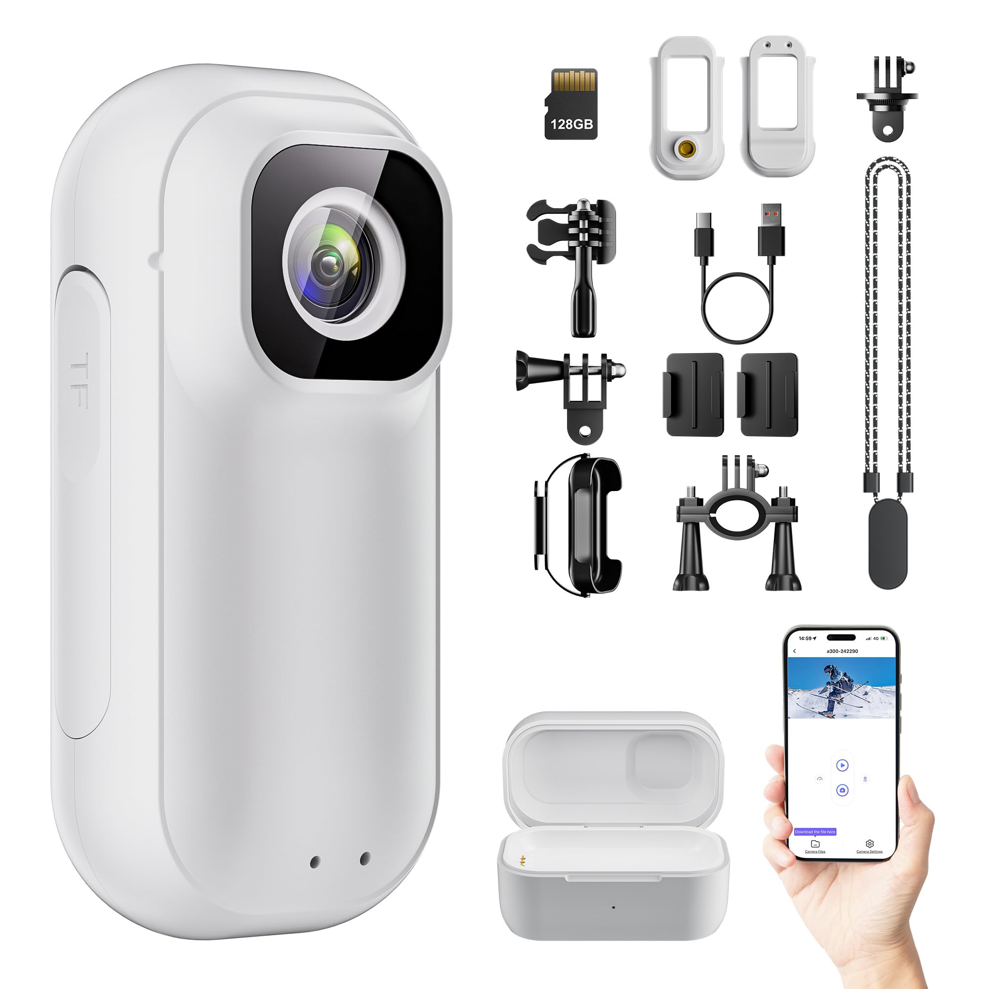 128GB Mini Body Camera with Audio & Video Recording-2K WiFi Action Camera with Charging Case, Thumb-Sized Wearable POV Cam, Stab