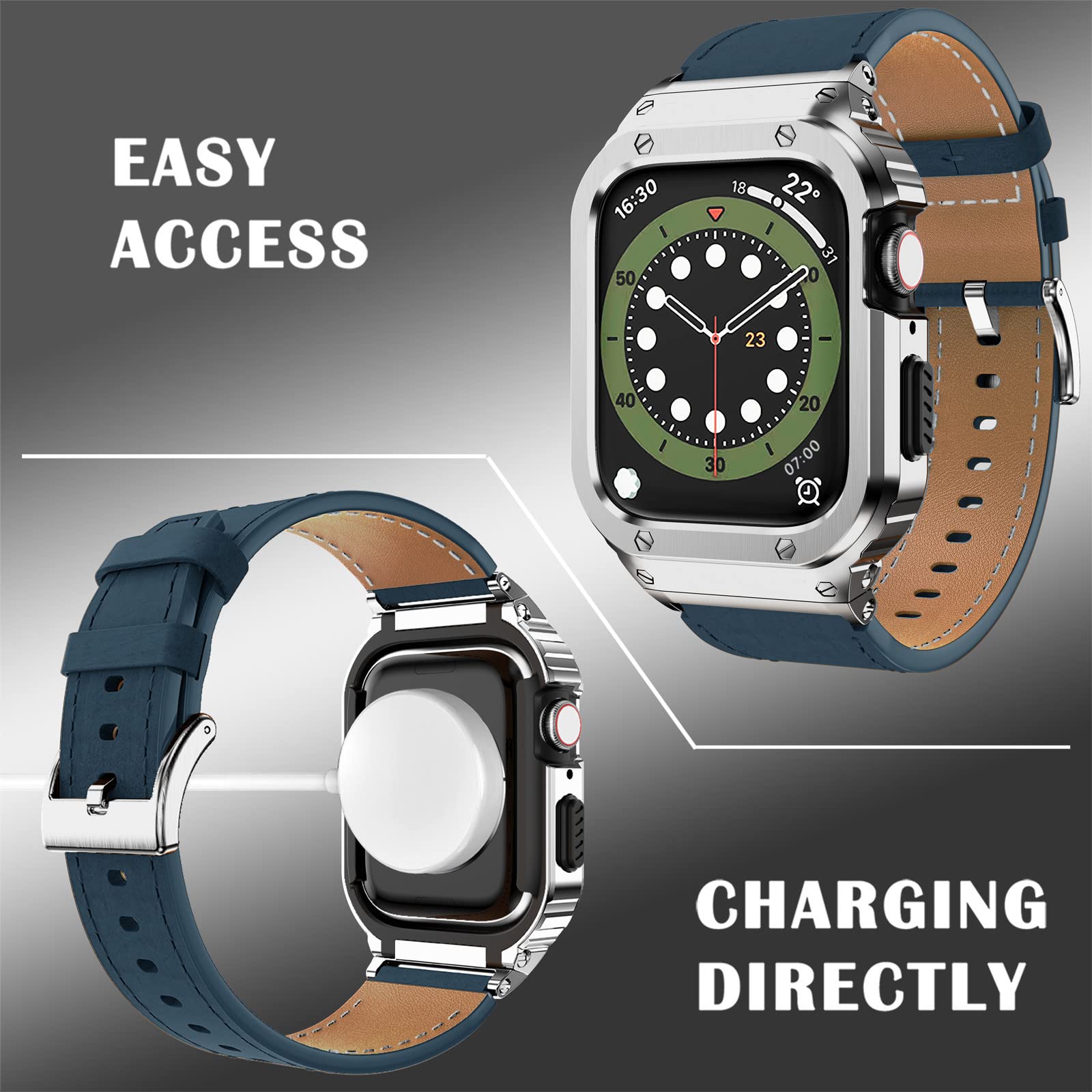 Suplink Stainless Steel Case And Bands Compatible With Apple Watch Bands 44Mm 42Mm,Leather Strap Rugged Cover For Iwatch Bands S