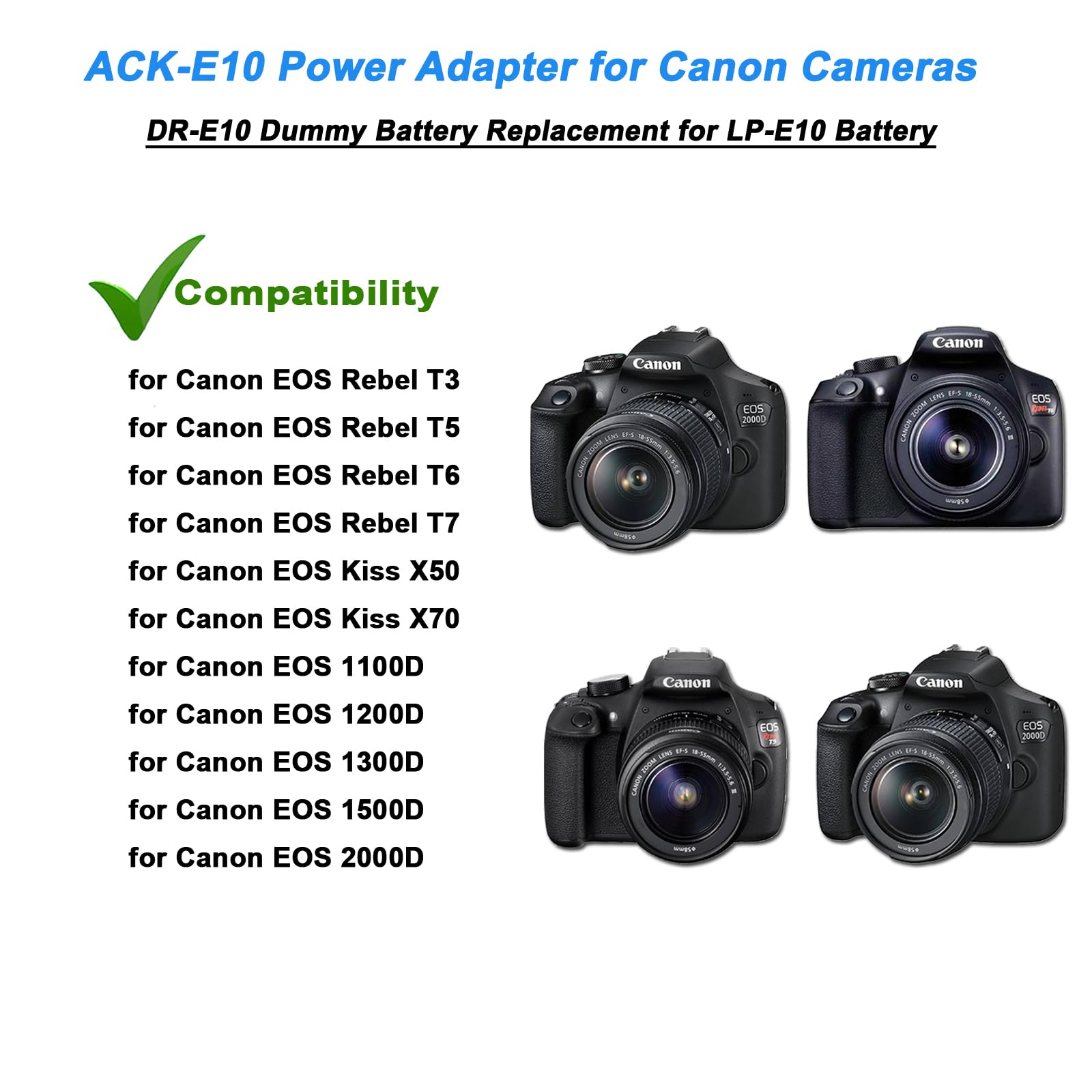 Tkdy Lp E10 Eos Rebel T7 Dummy Battery Ack E10 Continuous Power Supply Dr E10 Dc Coupler Kit For Canon Eos T7 T6 T5 T3, Kiss X50 X70 X80 X90, Eos 1100D 1200D 1300D 1500D 2000D Digital Camera.