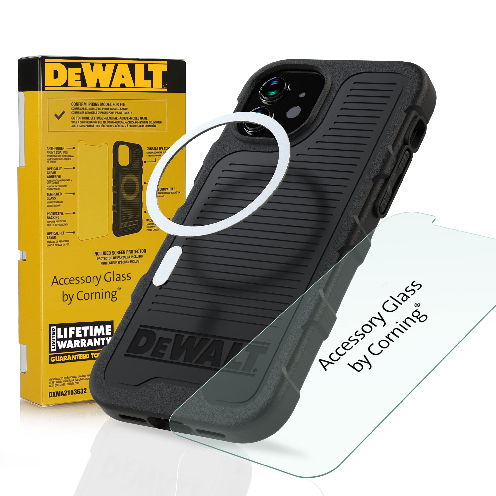 DEWALT Phone Case/Screen Protector Kit - Magnetic Case for iPhone 13 Pro Max - Tempered Glass Screen Protector Included - MagSaf