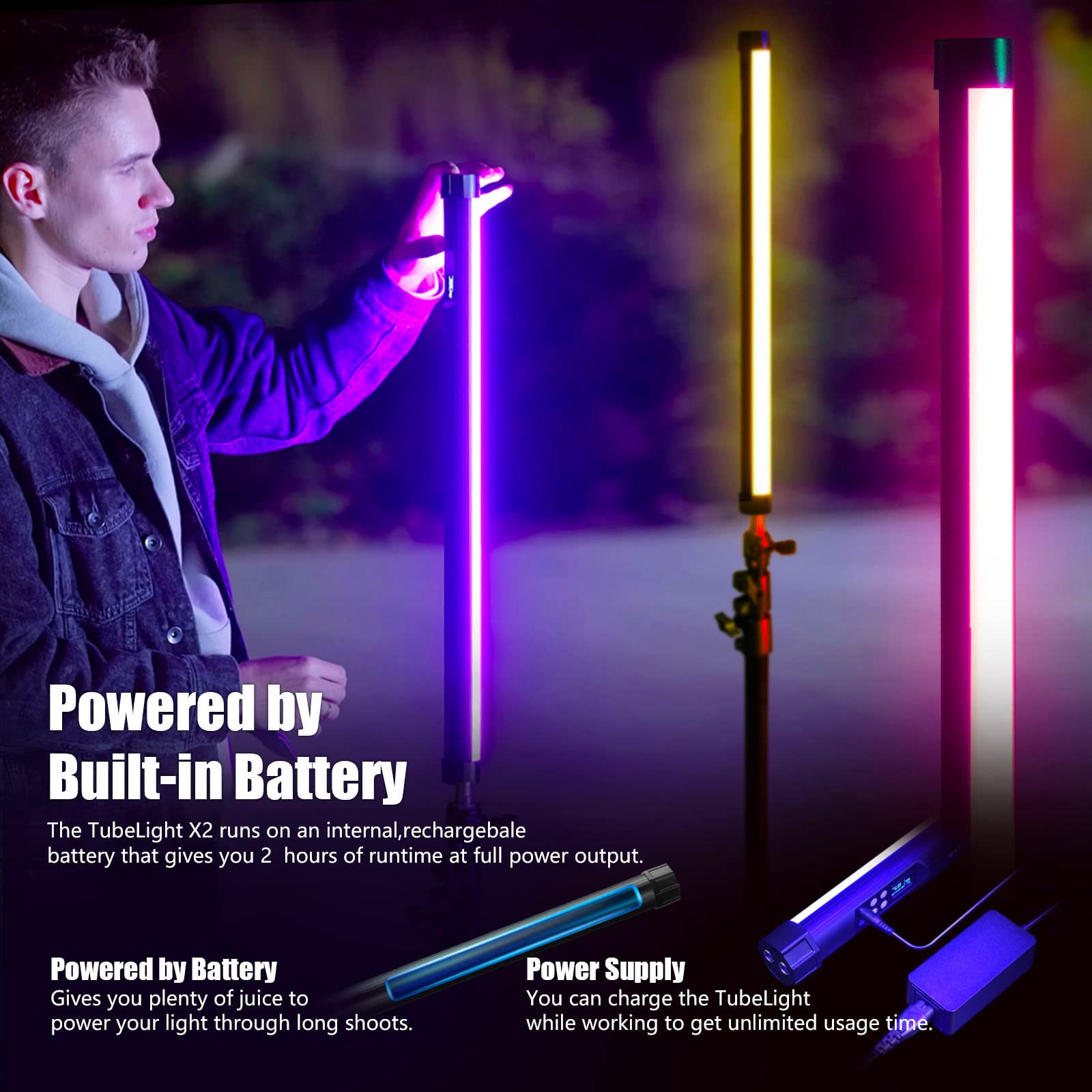 Mettlelite Tlx2 Rgb Tube Light Led Full Color Portable Video Light With App Dmx Control 2 Ft 2800K 8000K Cri96 Tlci97 360 Rgb Cc