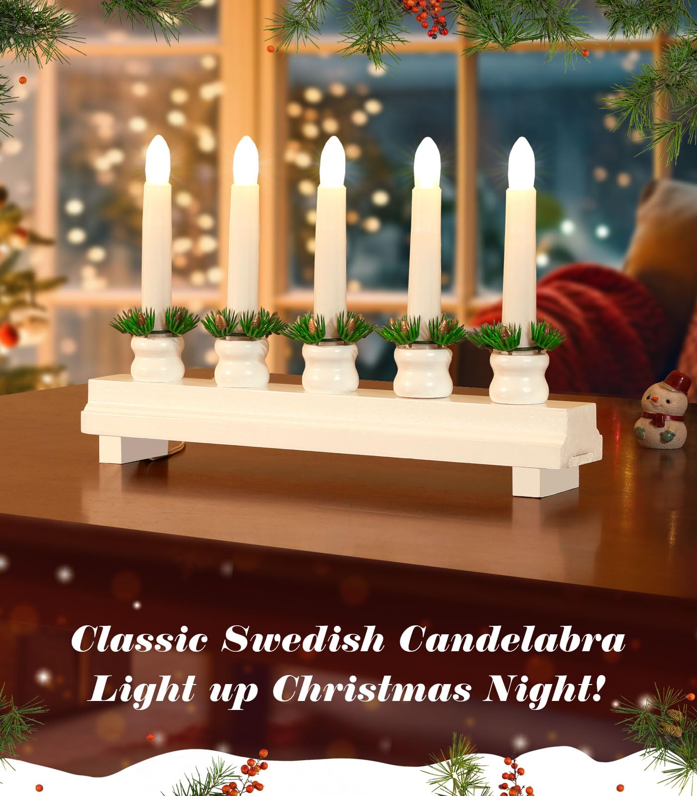 Lewondr Christmas Swedish Candelabra, Electric Candles With 5 Flameless Taper Candles, Wooden Candle Bridge Light With Usb Power