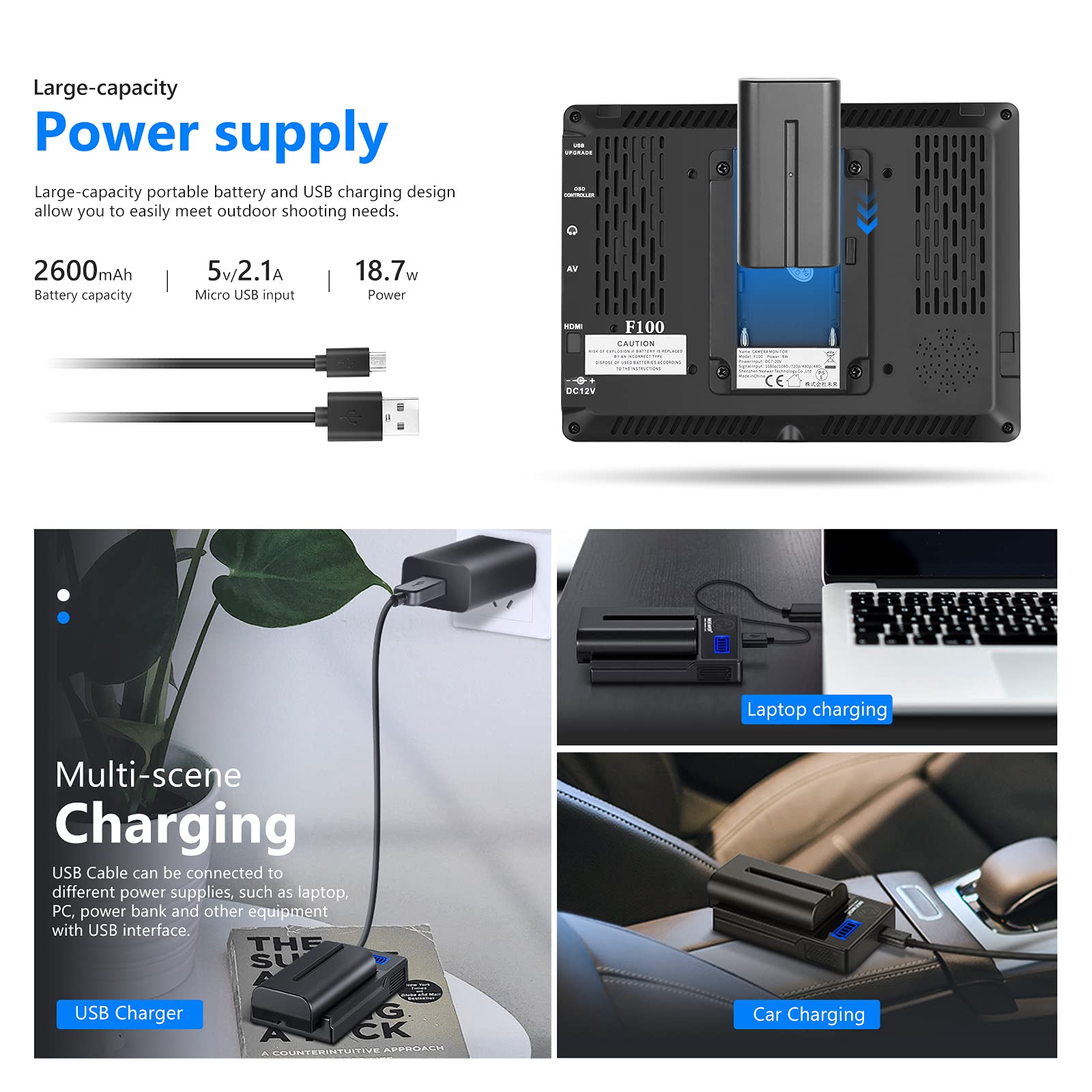 Neewer F100 7 Inch Camera Field Monitor Hd Video Assist Slim Ips 1280X800 Hdmi Input 1080P With 2600Mah Li Ion Battery/Usb Charg