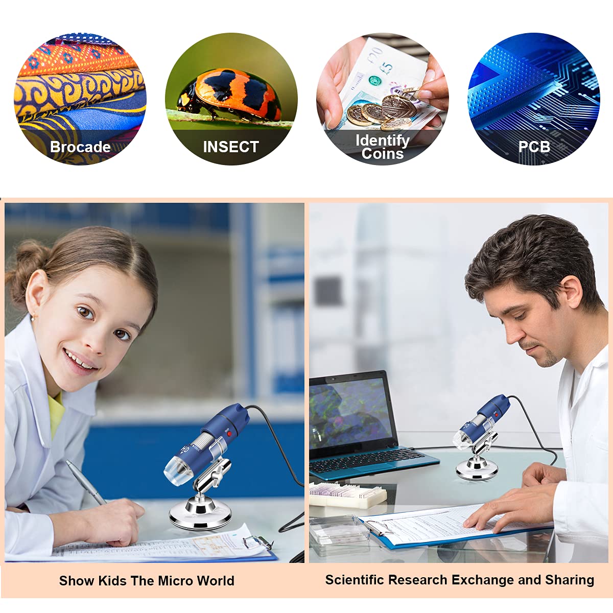 Jiusion 2K Hd 2560X1440P Usb Digital Microscope For Android Cellphone And Tablet Windows Mac Linux, 40X To 1000X Magnification E