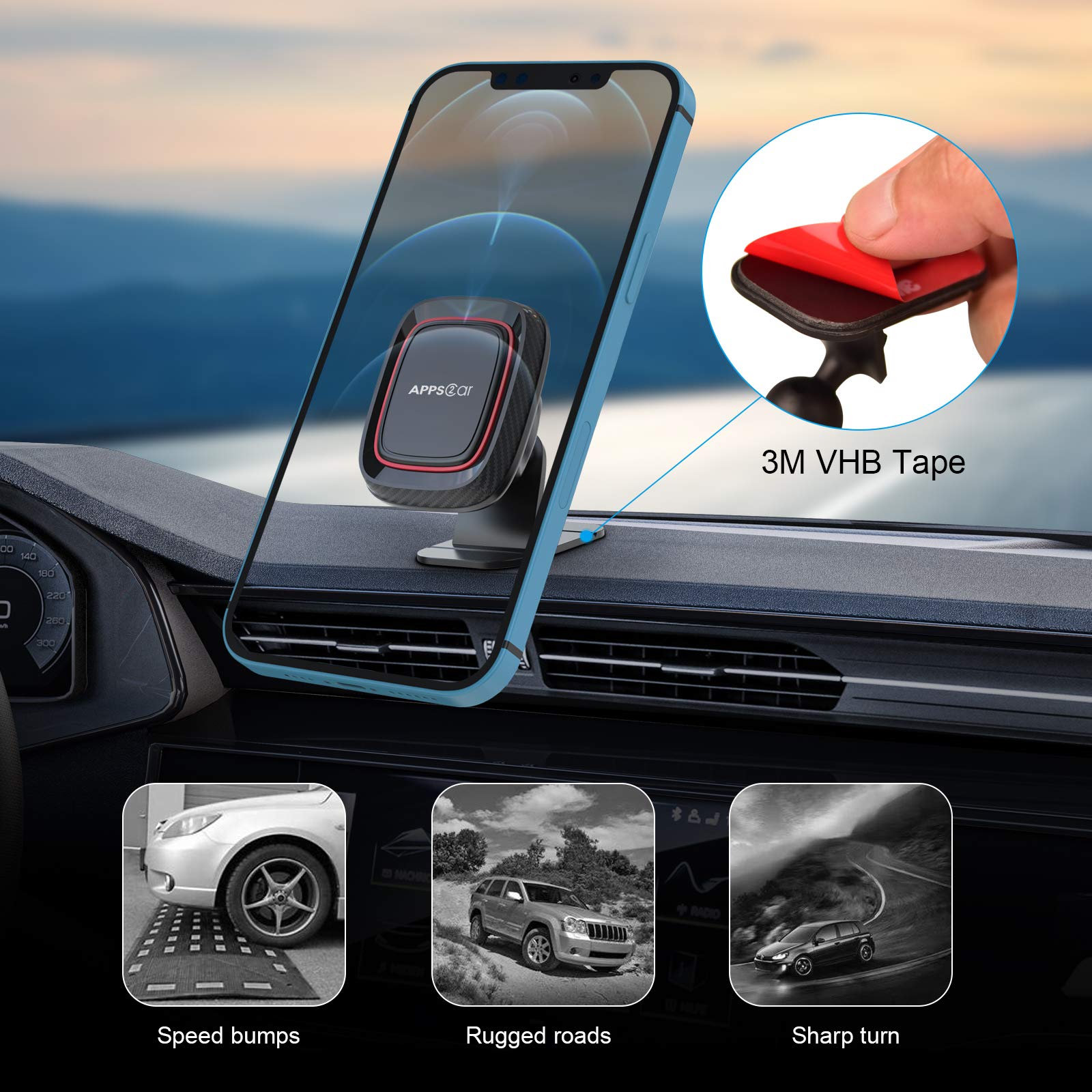 Apps2Car Magnetic Phone Holder For Car, Dashboard Magnetic Car Mount, 360 Rotation Car Magnetic Phone Mount With Strong Vhb Adhe