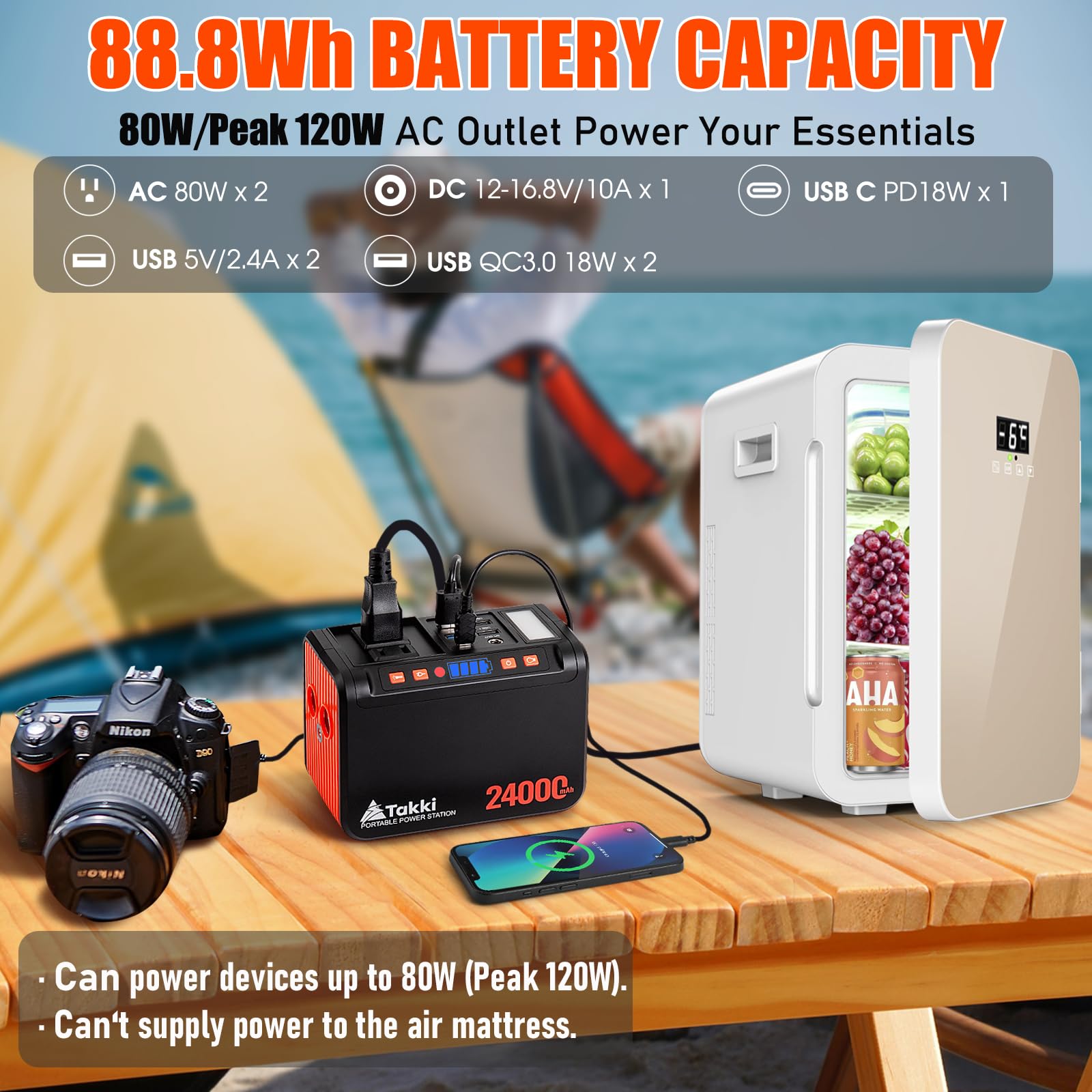 Takki Portable Power Station 88Wh Solar Generator Power Bank With 110V Ac Dc Usb Ports Led Flashlight For Camping Home Emergency