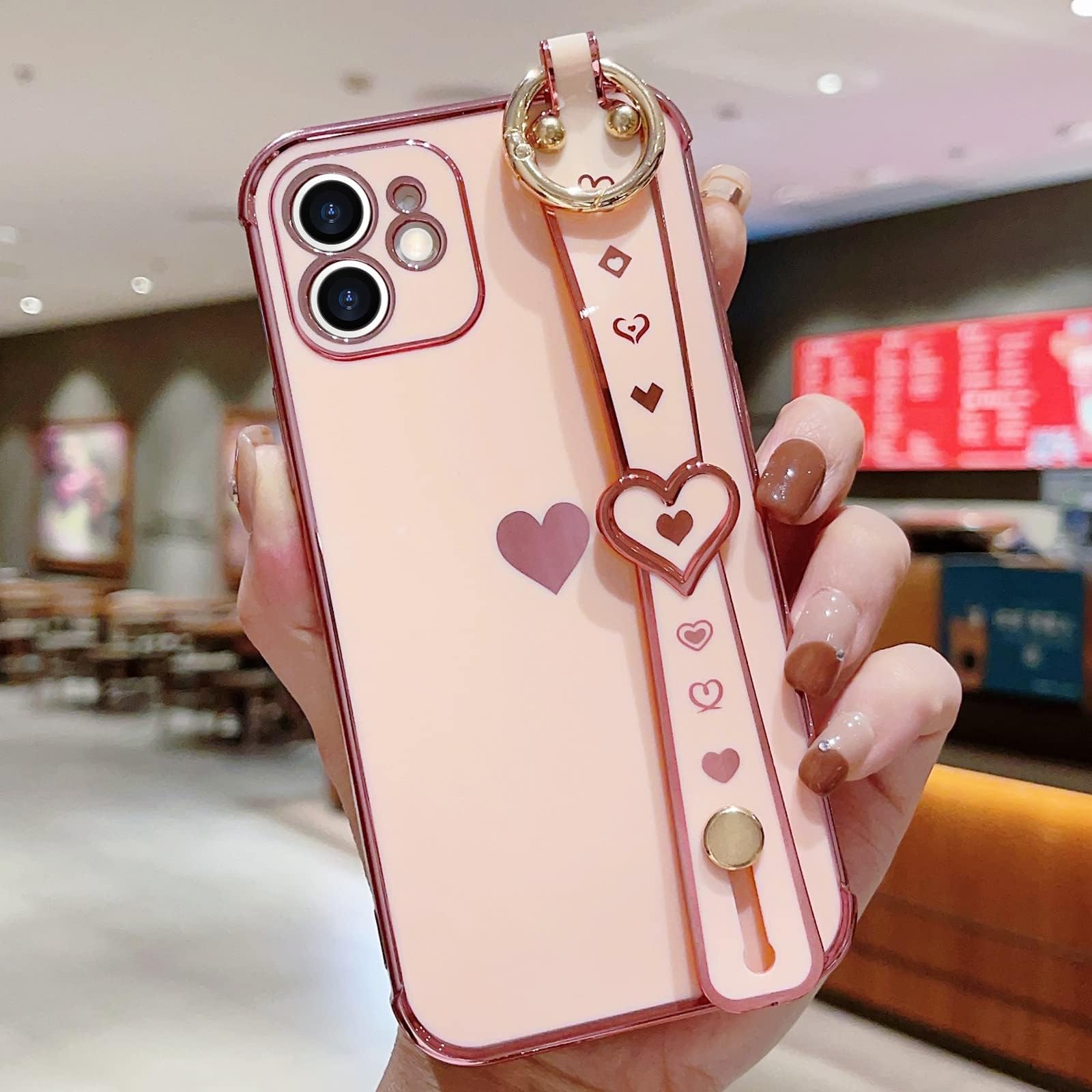 Llz.Coque For Iphone 12 Case Cute Love Heart Plating Strap Phone Cover For Women Girls Bling Soft Silicone Camera Lens Protectio