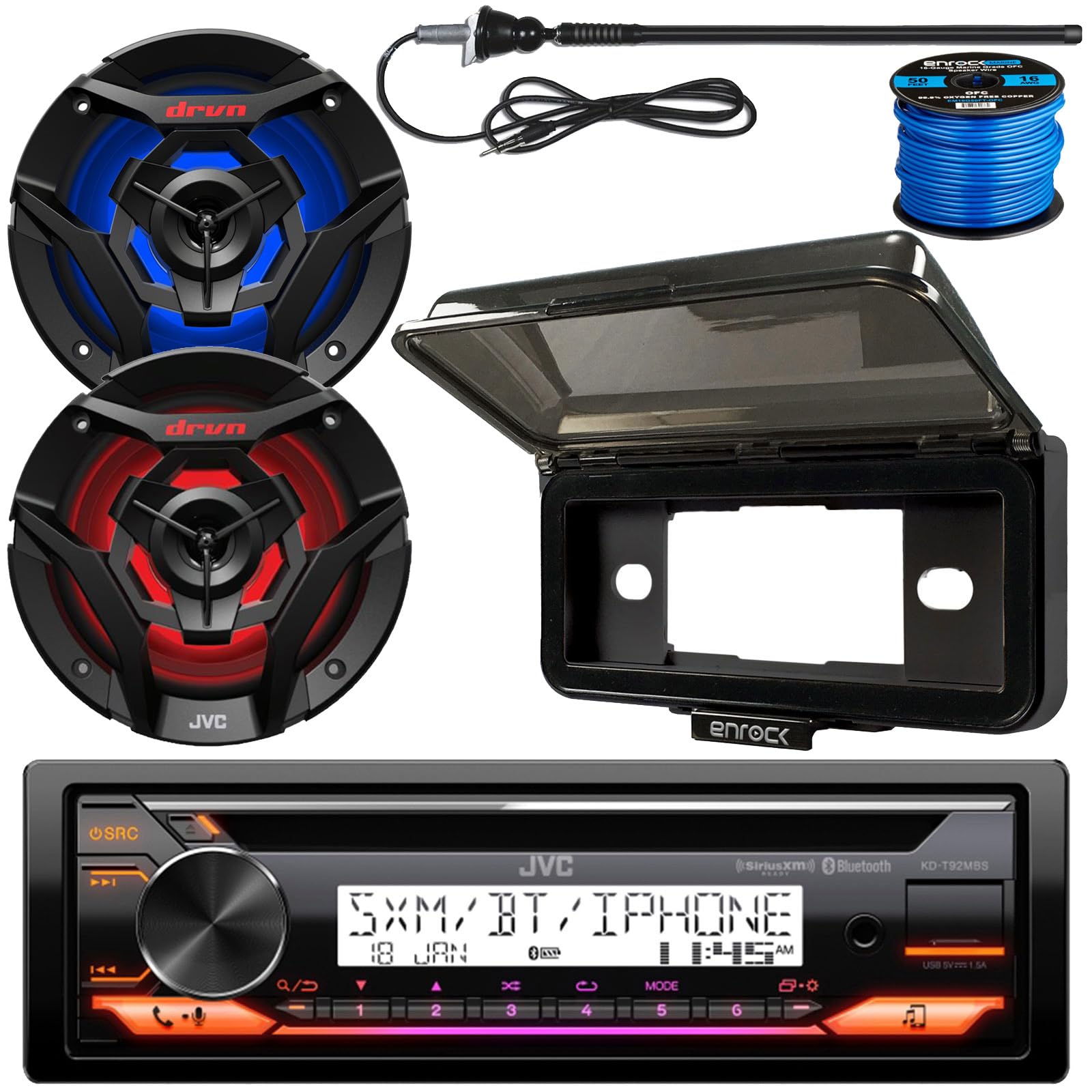 Single Din Marine Bluetooth Usb Aux Am/Fm Radio Cd Player Receiver Bundle Combo With 2X 6.5 260W 2-Way Black Boat Audio Speakers