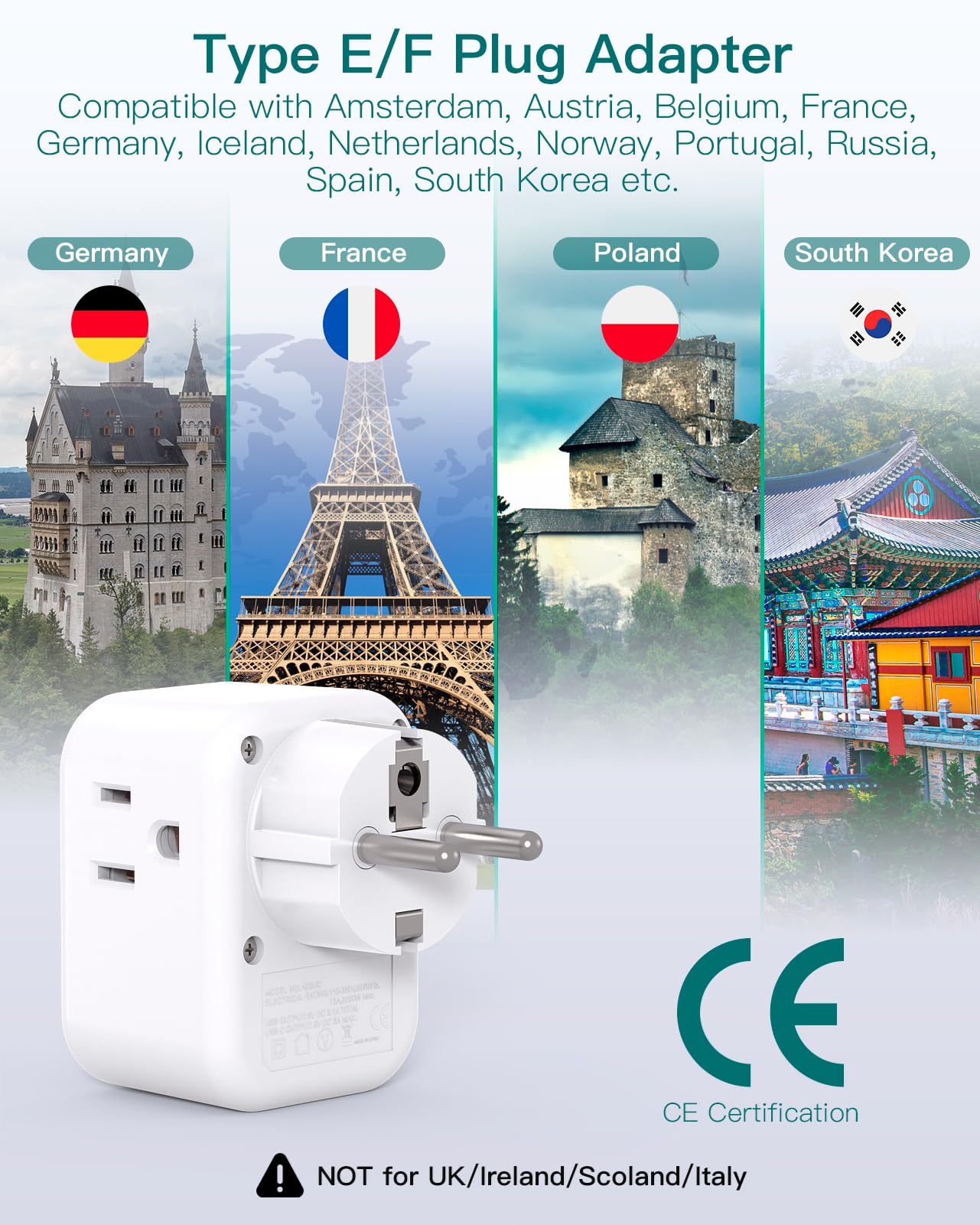 Germany France Travel Plug Adapter, 3 Outlets And 3 Usb Charging Ports(1 Usb C), Addtam Type E/F International Power Adapter, Tr