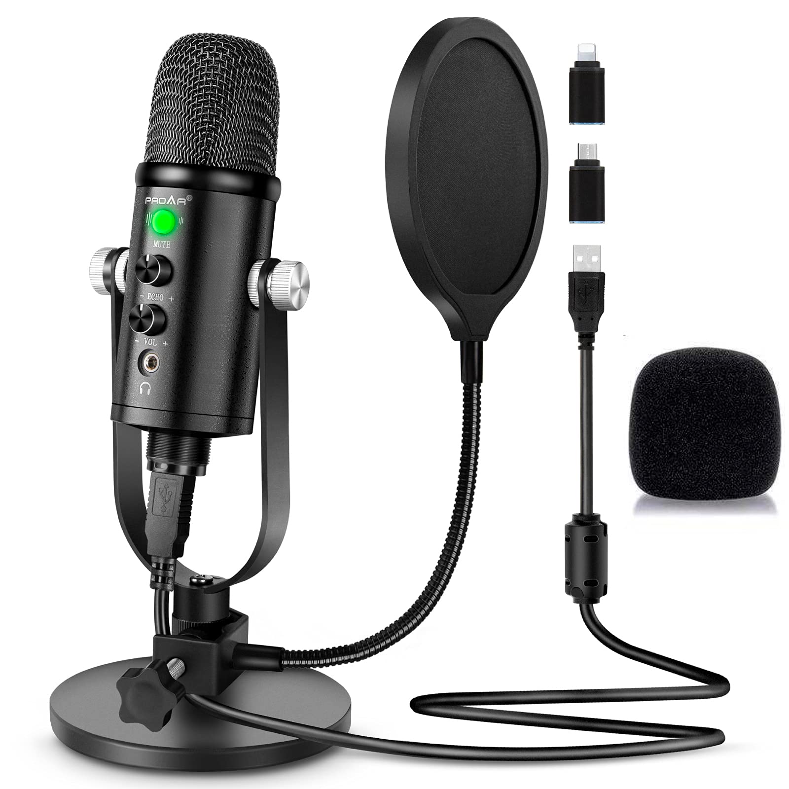 Proar Microphone For Podcast, Usb Microphone Kit For Phone, Pc/Micro/Mac/Android,Professional Plug&Play Studio Microphone With S