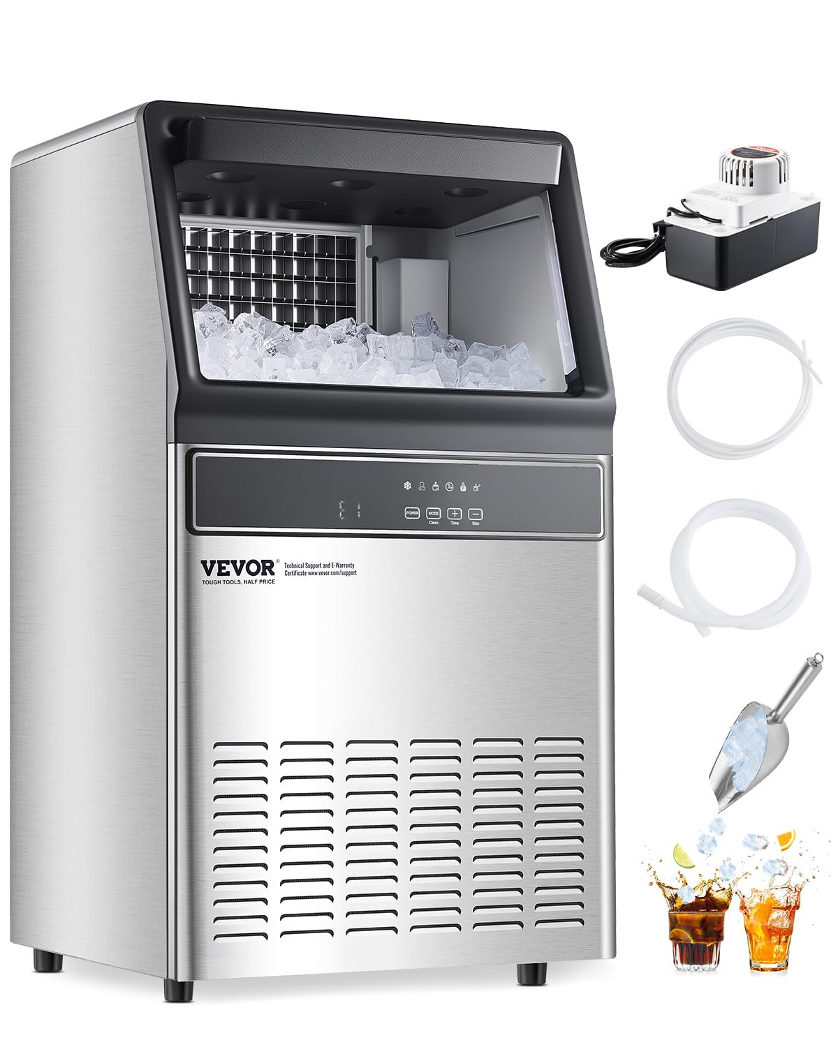 VEVOR 120lbs/24H Commercial Ice Maker Machine with Drain Pump, 33lbs Storage Capacity Ice Maker, 55 Ice Cubes in 15 Minutes, LED