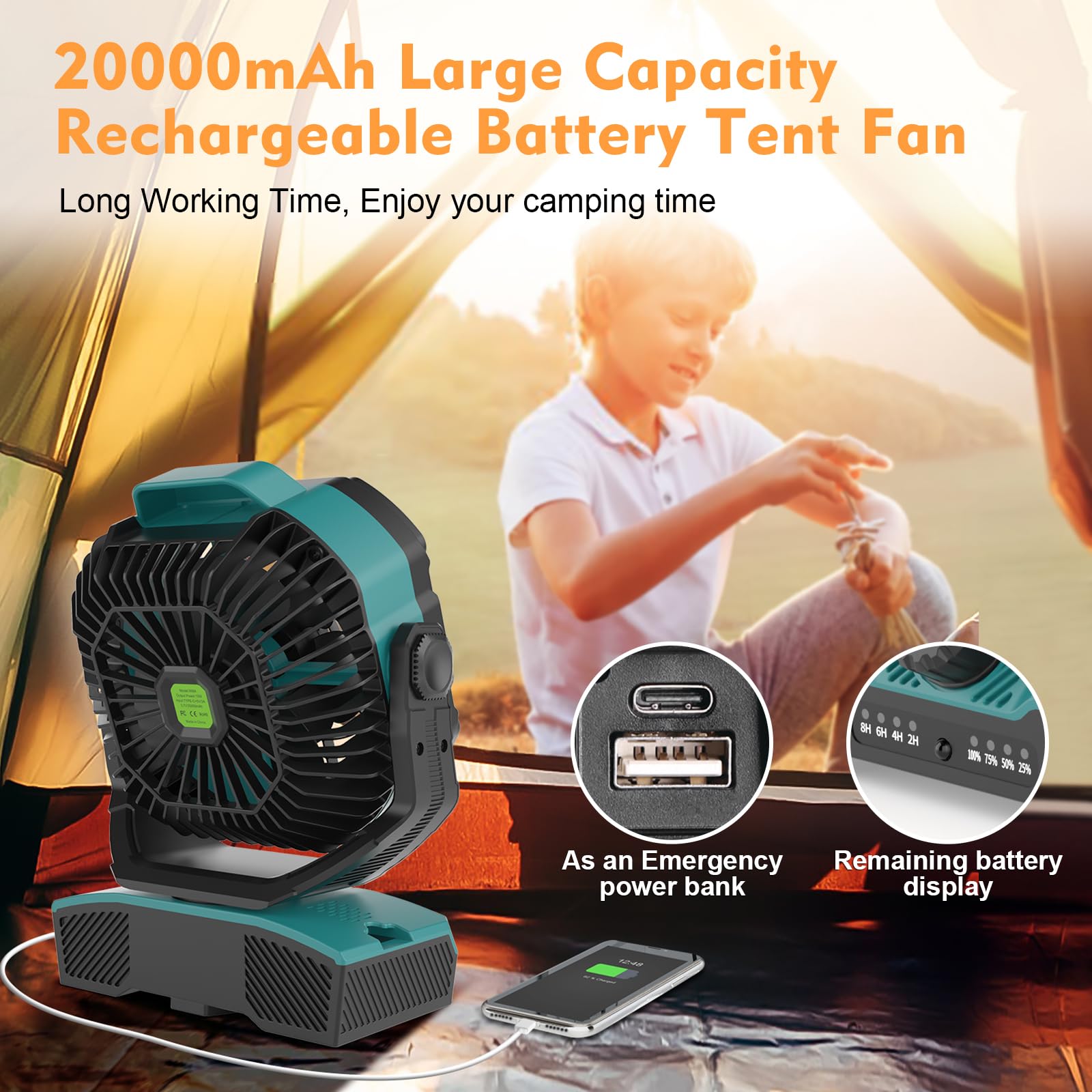 Tent Remote Control RUNTOP 20000mAh Camping Fan, Remote Control Oscillation Rechargeable ...