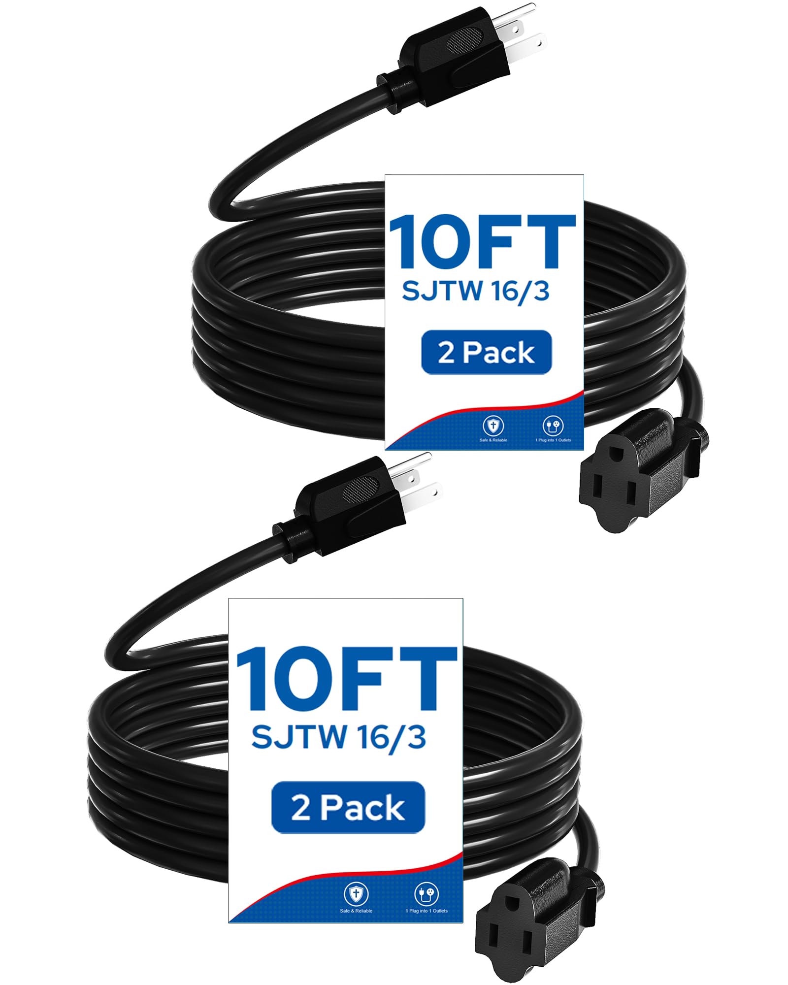 Wilawels 2 Pack 10Ft Extension Cord, 16/3 Sjtw Durable Power Cable For Indoor And Outdoor Use, 3 Prong Grounded Outlets, For Hal