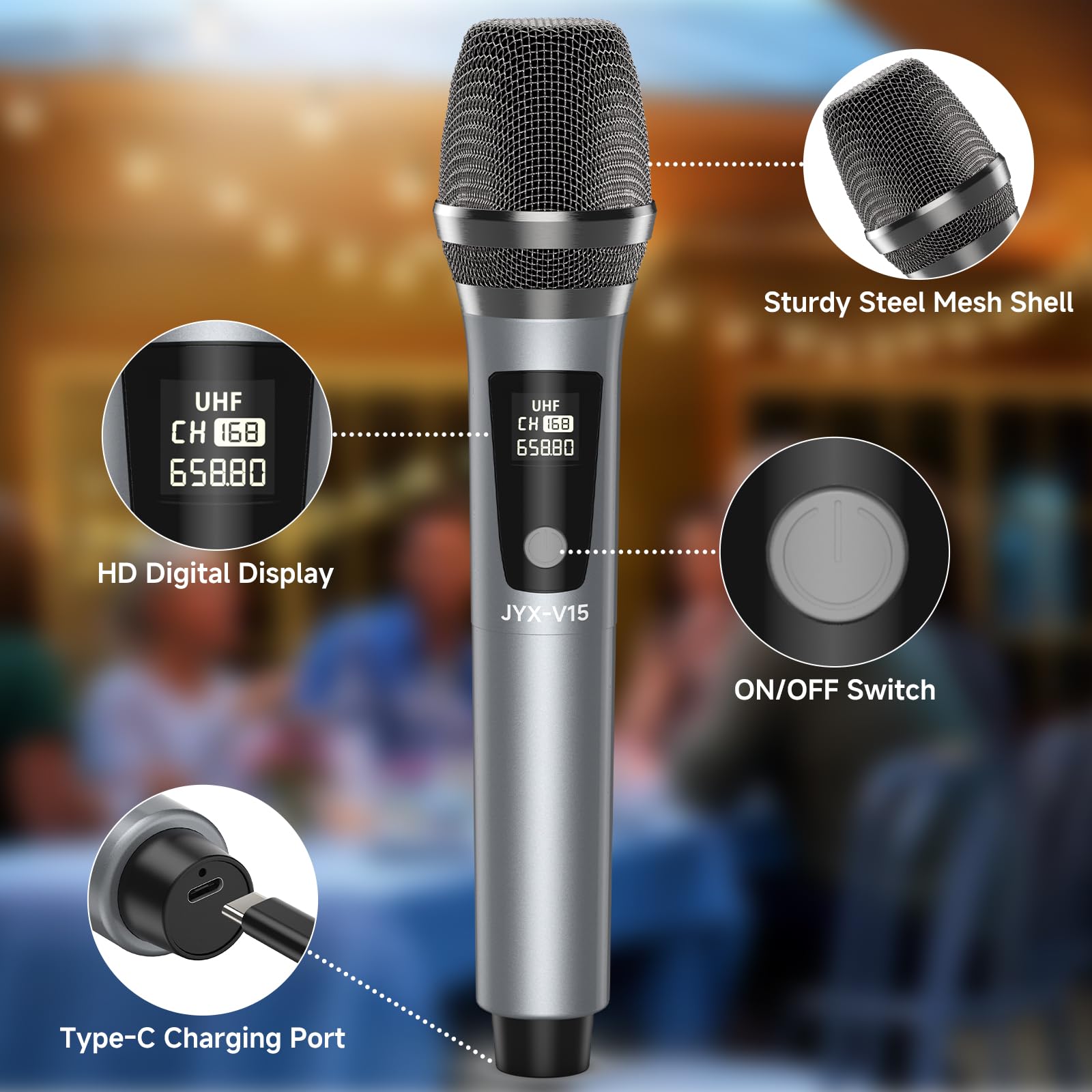 Jyx Wireless Microphone, Professional Uhf Metal Handheld Dynamic Mic System With Rechargeable Receiver 1/4''(6.35Mm) Plug, For A