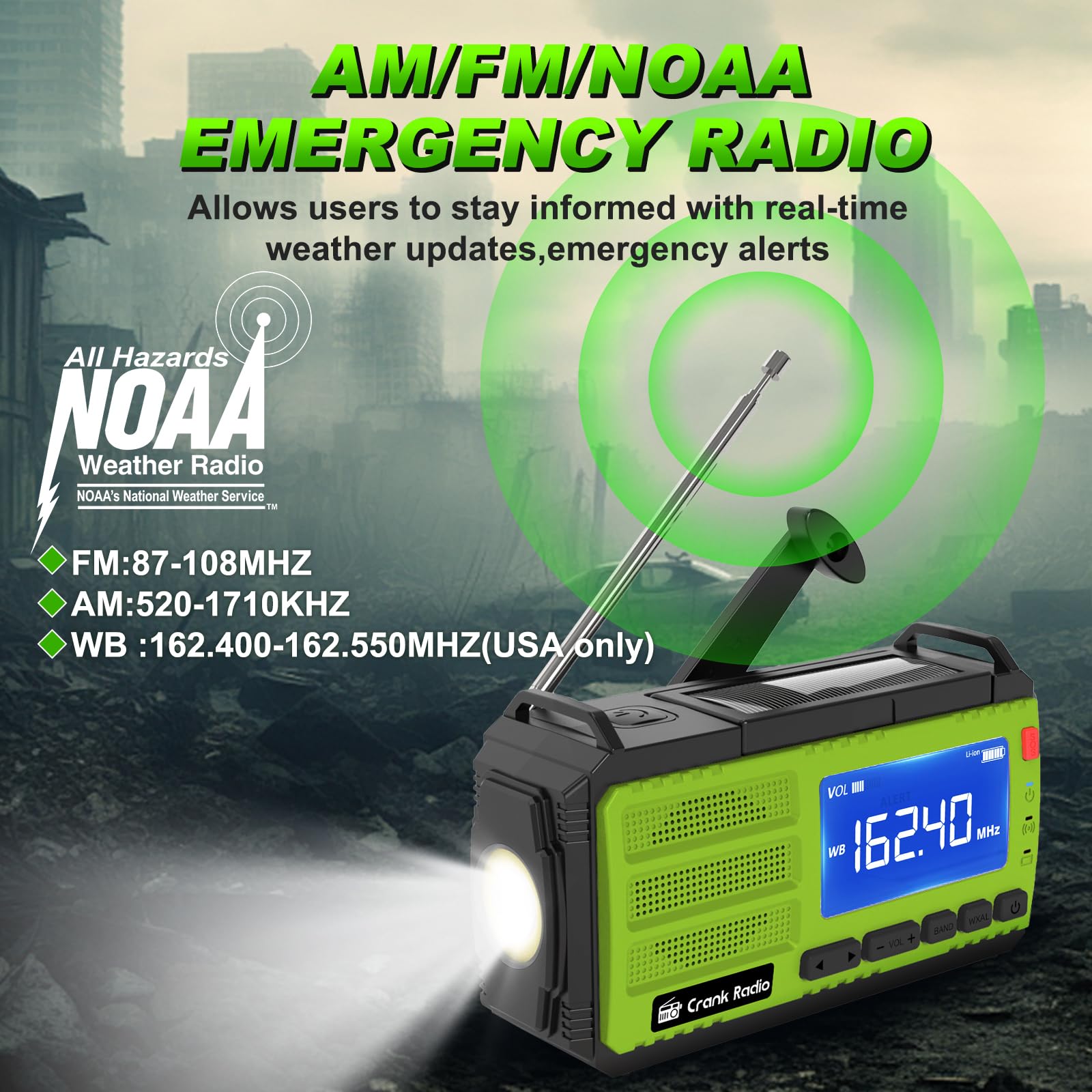Emergency Weather Radio, Solar Hand Crank Radio Am/Fm Noaa 10000Mah, Weather Alert Radio With 3 Mode Flashlight, Reading Lamp, S