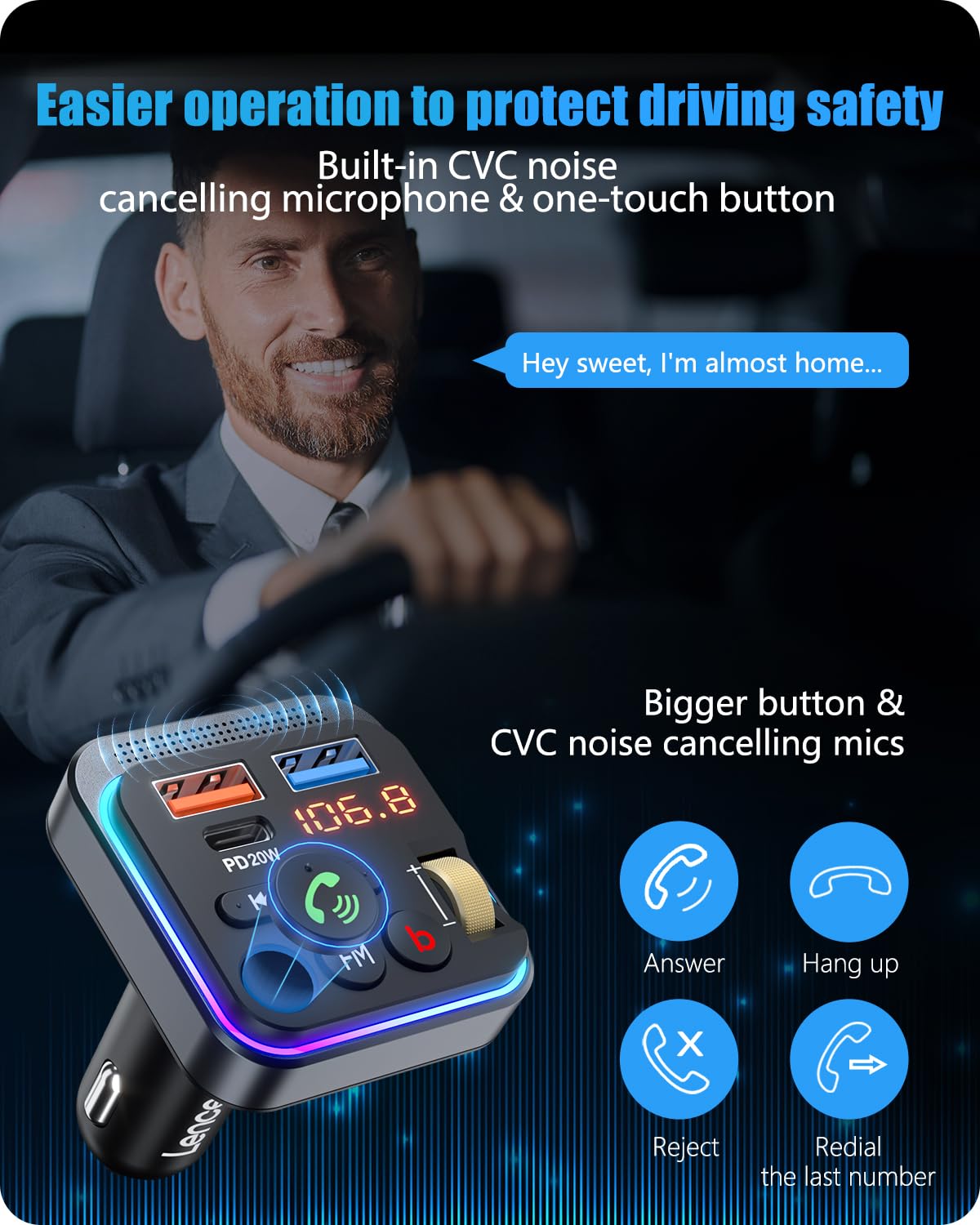 Lencent Bluetooth 5.0 Fm Transmitter For Car, [Pd 20W + Qc 3.0] Usb Charger Music Radio Adapter, Wireless Microphone &Hifi Bass