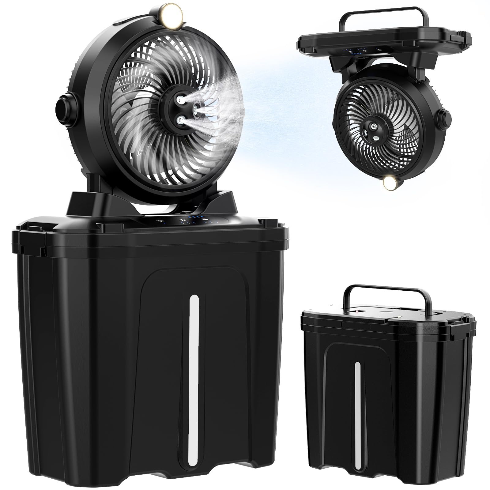 Portable Misting Fan With 11L Large Bucket, 20000Mah Usb Rechargeable Battery Operated Camping Fans, 3 Large Spray Nozzles & 3 S