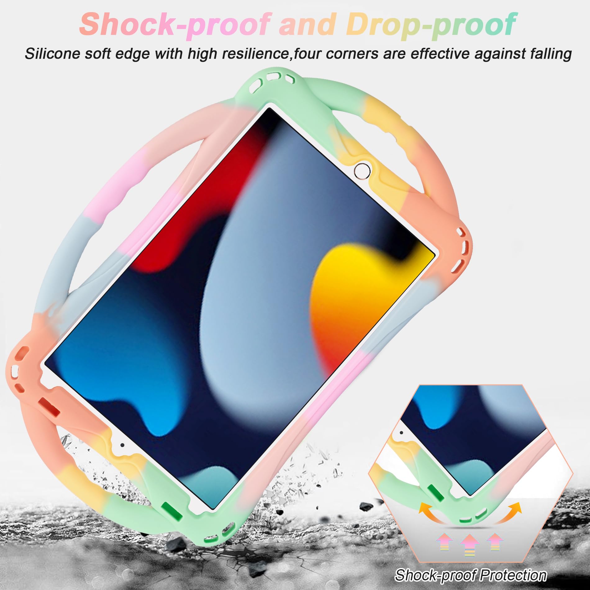 Adocham Kids Case For Ipad 9Th/8Th/7Th Generation(10.2 Inch),Lightweight Silicone Kids Ipad 10.2 Case 2021/2020/2019(Rainbow)