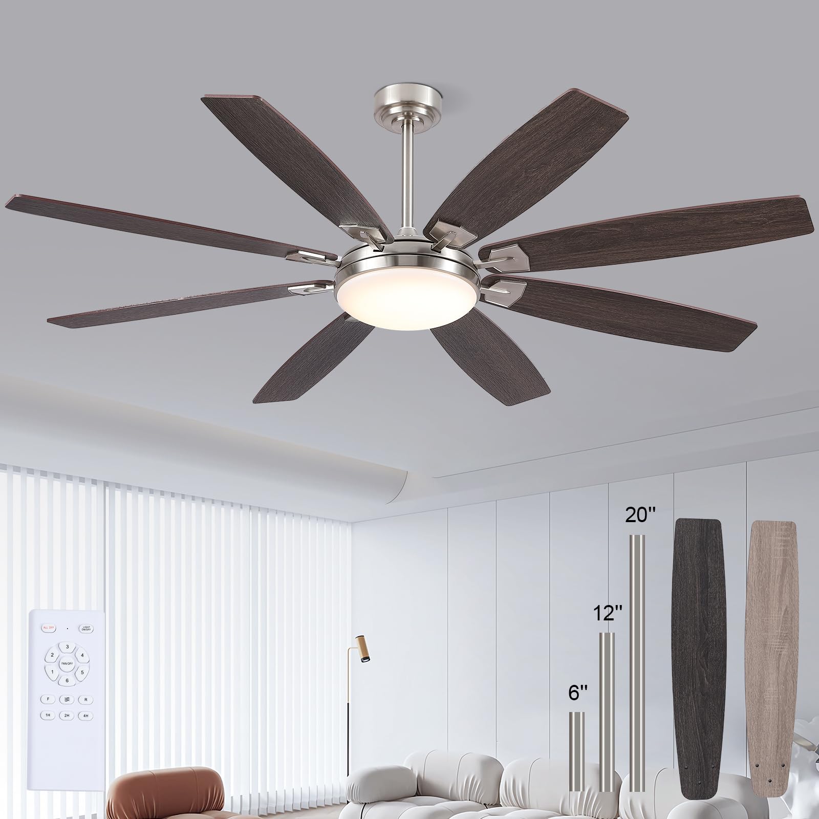 MADSHNE 66 Inch Ceiling Fan with Lights and Remote for Indoor/Covered Outdoor, LED Living Room Ceiling Fans with Reversible DC M
