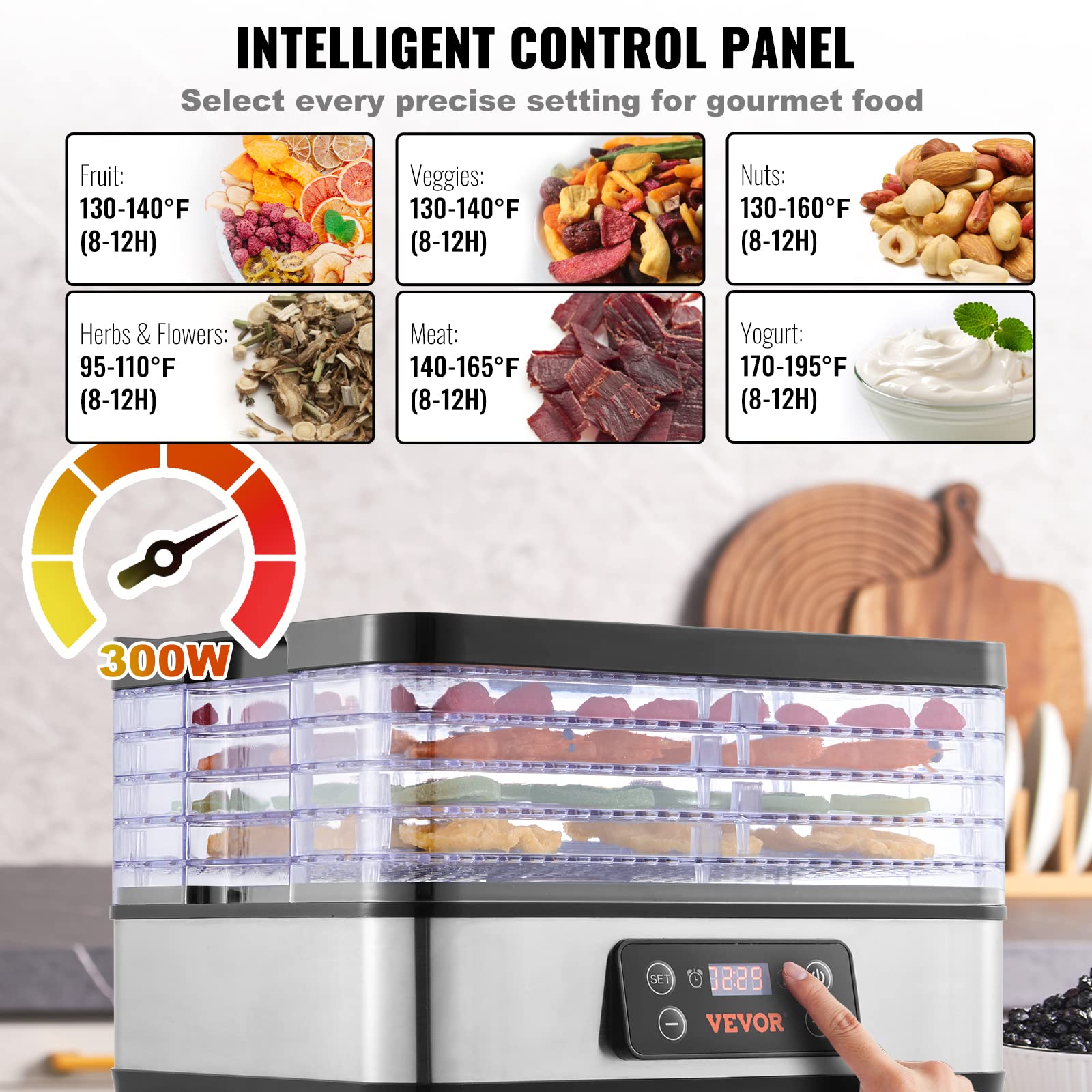 Vevor Food Dehydrator Machine, 5-Tray Fruit Dehydrator, 300W Electric Food Dryer W/Digital Adjustable Timer & Temperature For Je