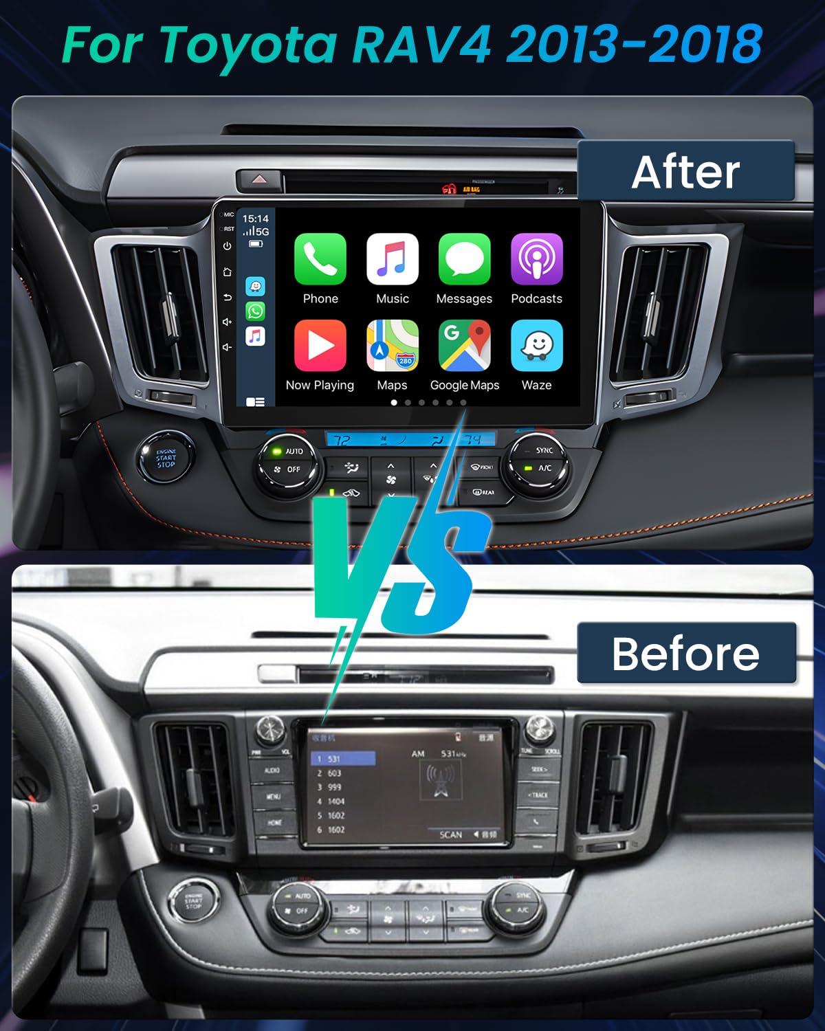 5G Wifi Car Stereo Radio For Toyota Rav4 2013 2018 With Carplay/Android Auto, 4G Ram 64G Rom 10.2 Inch Ips Touch Screen Android