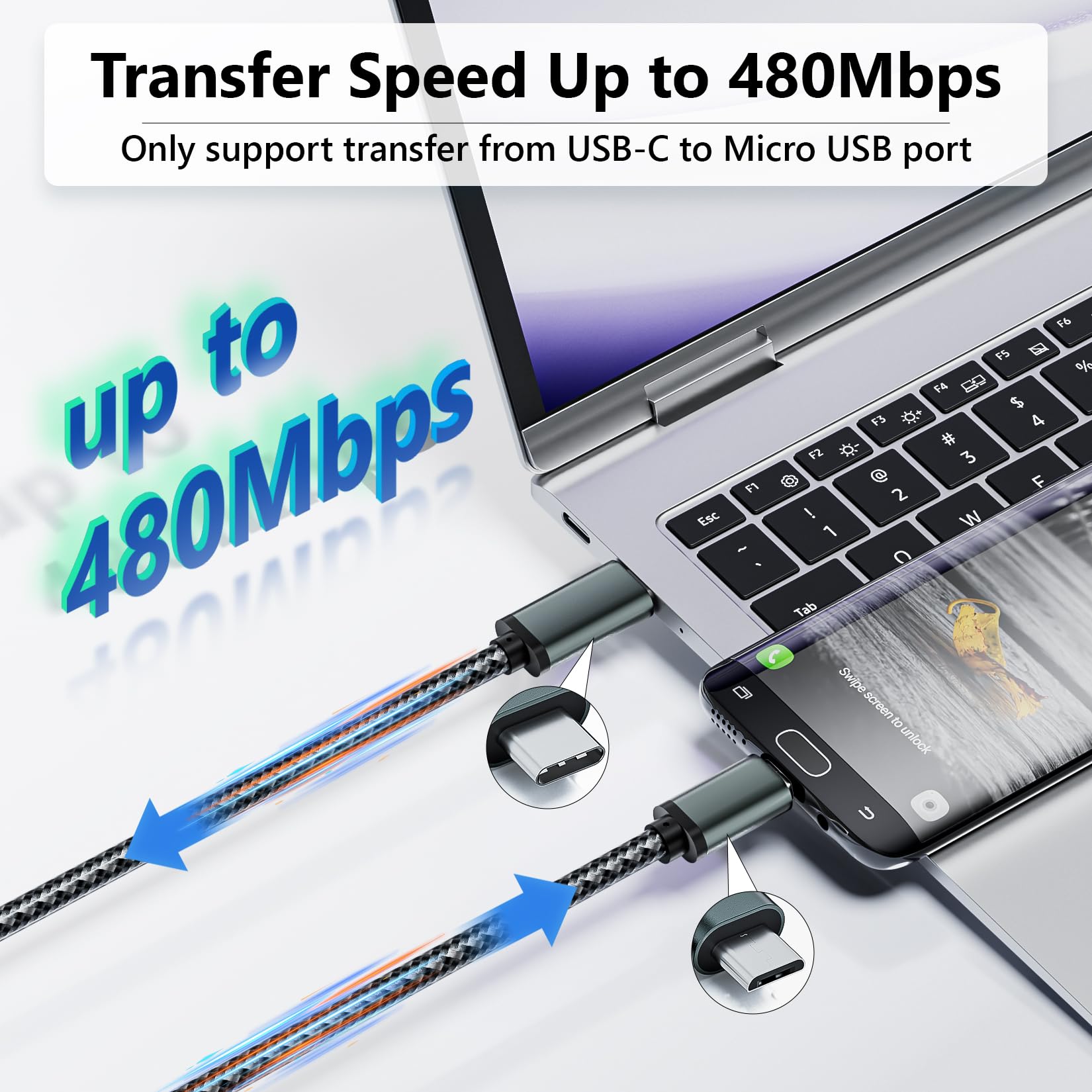 Nylon Braided Short Usb C To Micro Usb Cable 0.2M/0.65 Ft, Usb Type C To Micro Usb Charger Cable Supports Otg, 2.4A Charging, 48
