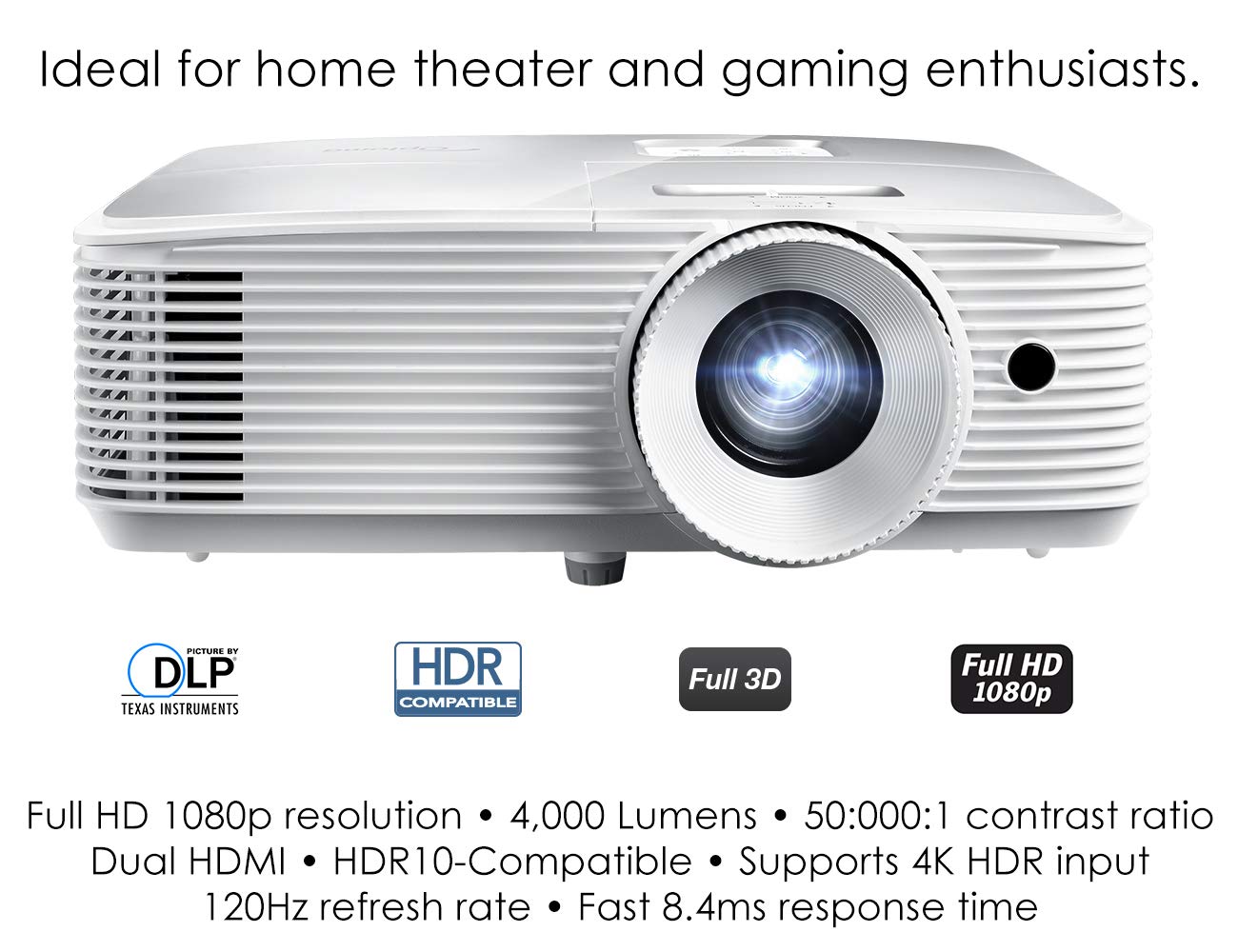 Optoma Hd39Hdr High Brightness Hdr Home Theater Projector | 120Hz Refresh Rate | 4000 Lumens | Fast 8.4Ms Response Time With 120Hz | Easy Setup With 1.3X Zoom | 4K Input | Quiet Operation 26Db
