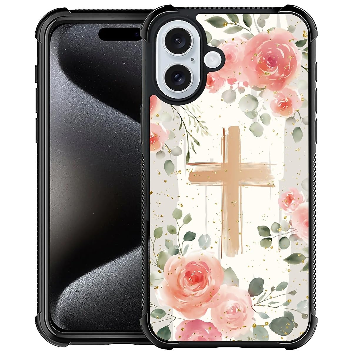 Deaorew for iPhone 16 Case | Classic Slim Cover Design | Christian Cross Pink Roses